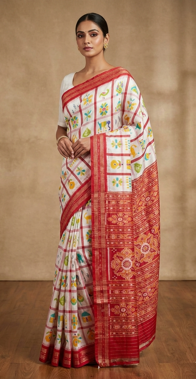 Traditional Handloom Odisha White & Red Nabakothi Silk Saree with Ikat Pallu