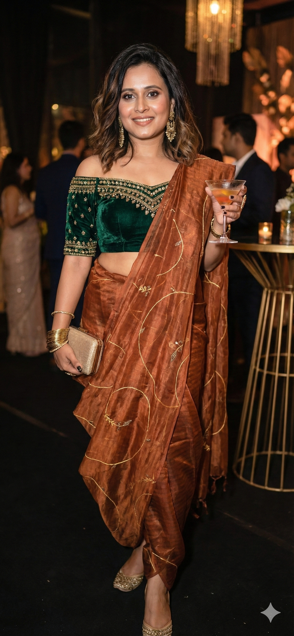 Rust Copper/ Coffee Organza Sheer Saree with Modern Swirl Embroidery β Lightweight Designer Drape