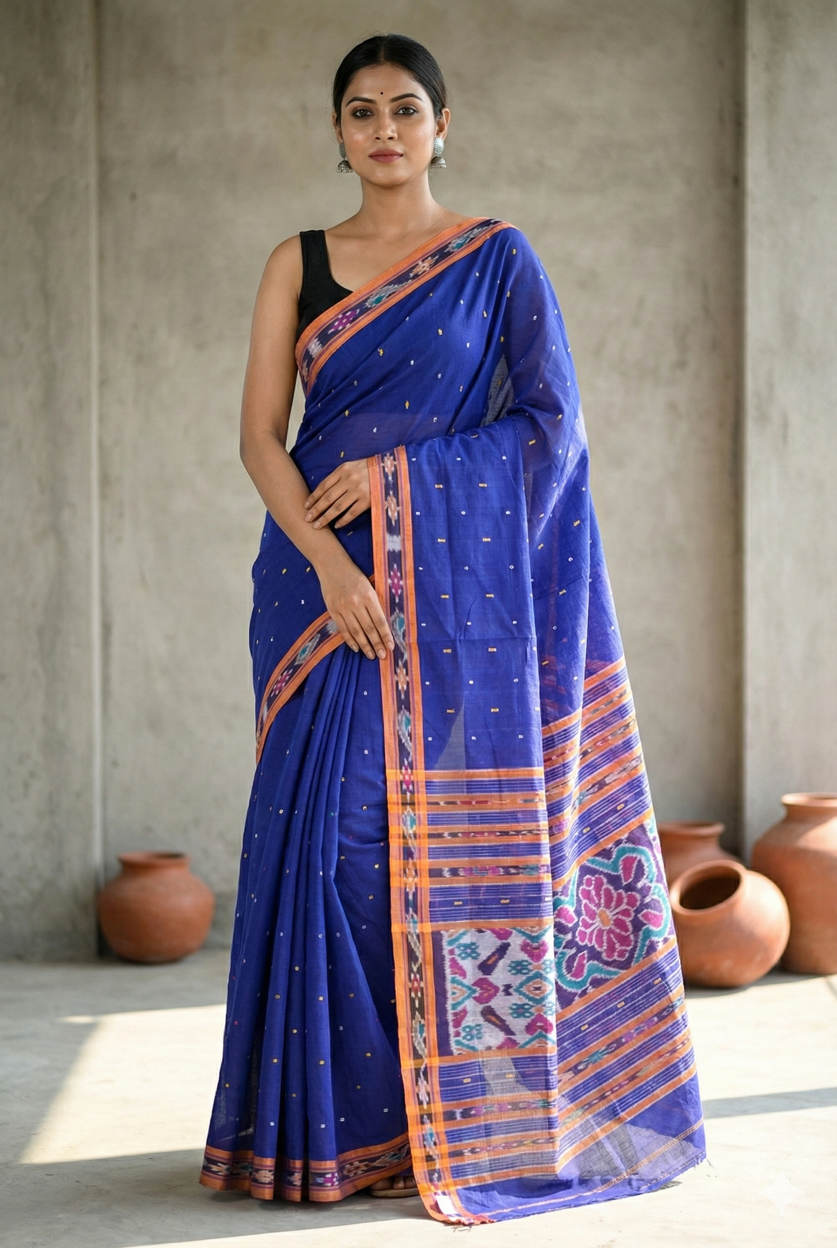 Authentic Blue & Orange Chadhei Pittala Single Cotton Saree | Traditional Odisha Ikat Handloom
