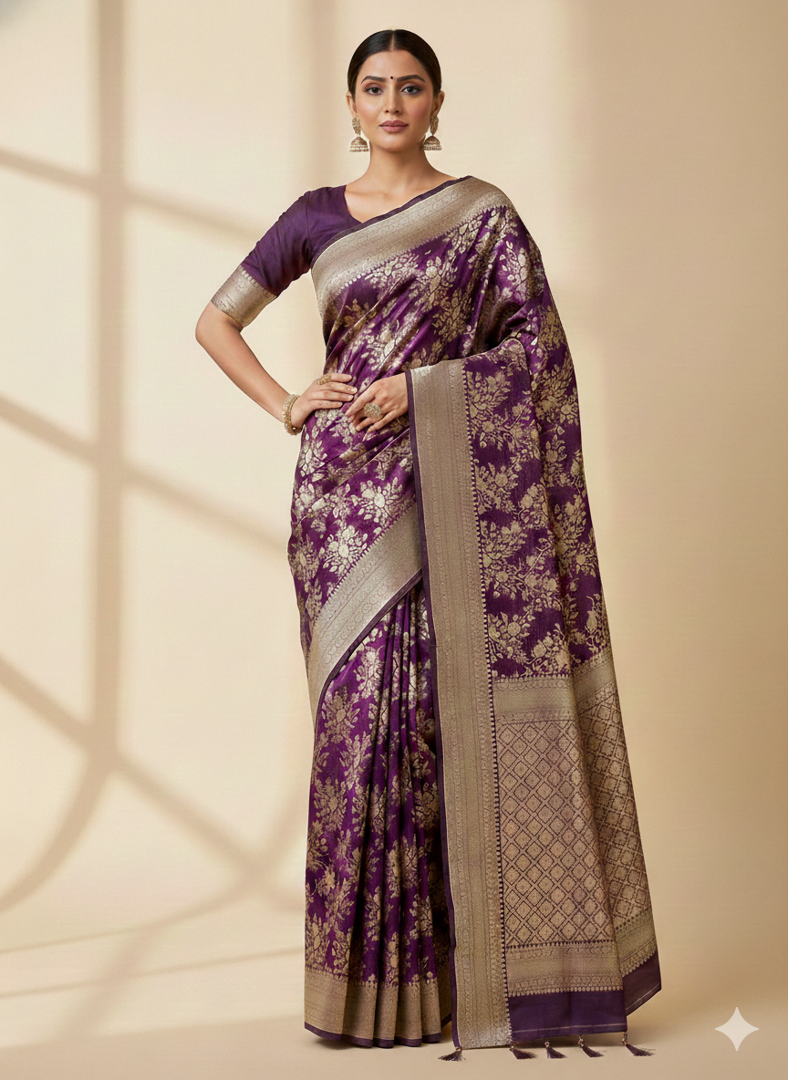 Royal Purple Pure Katan Silk Banarasi Saree with Intricate Gold Zari Floral Jaal