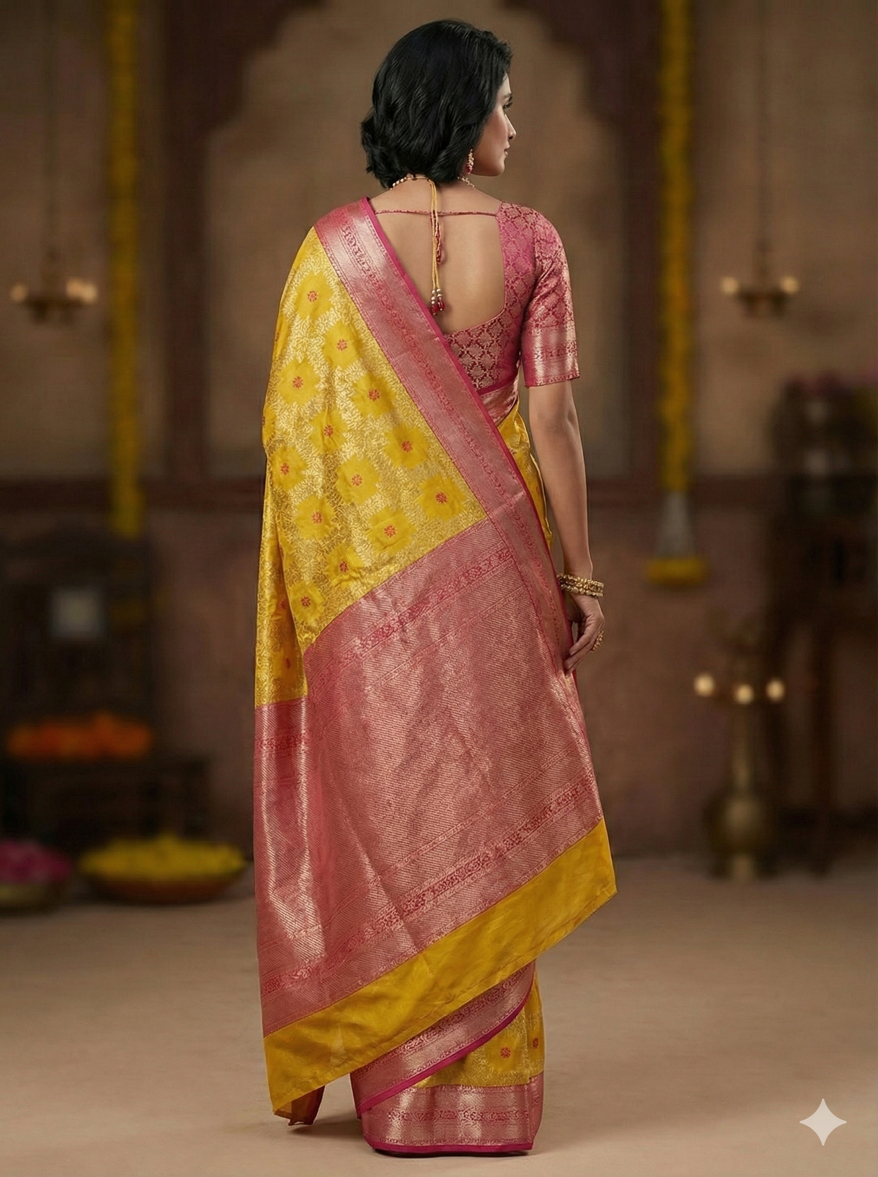 Premium Resplendent Chanderi Handloom Pattu Silk Saree in Yellow and Pink