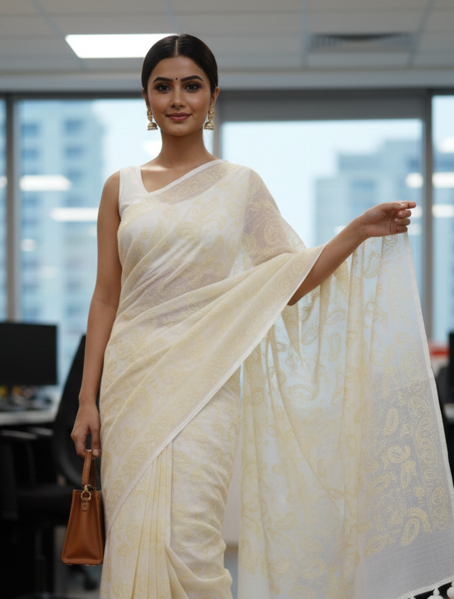White Mul Cotton Chikankari Saree – Elegant Handcrafted Corporate Wear with Tassels