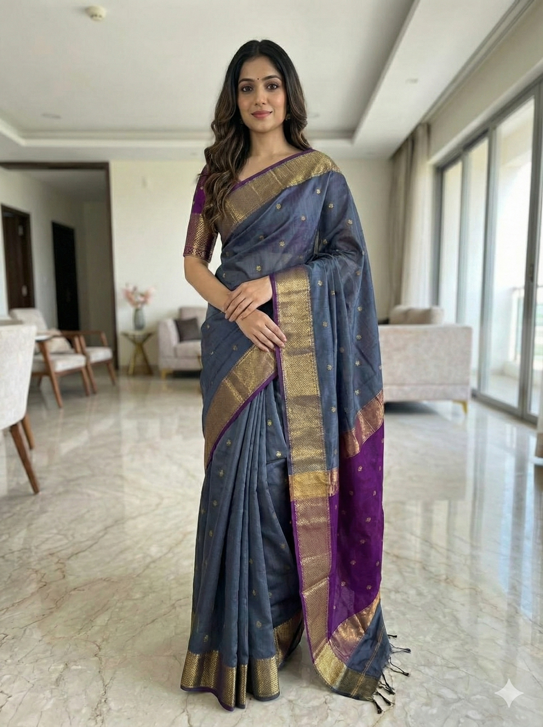 Handloom Elegant Dark Grey Maheshwari Cotton Silk Saree with Gold Zari