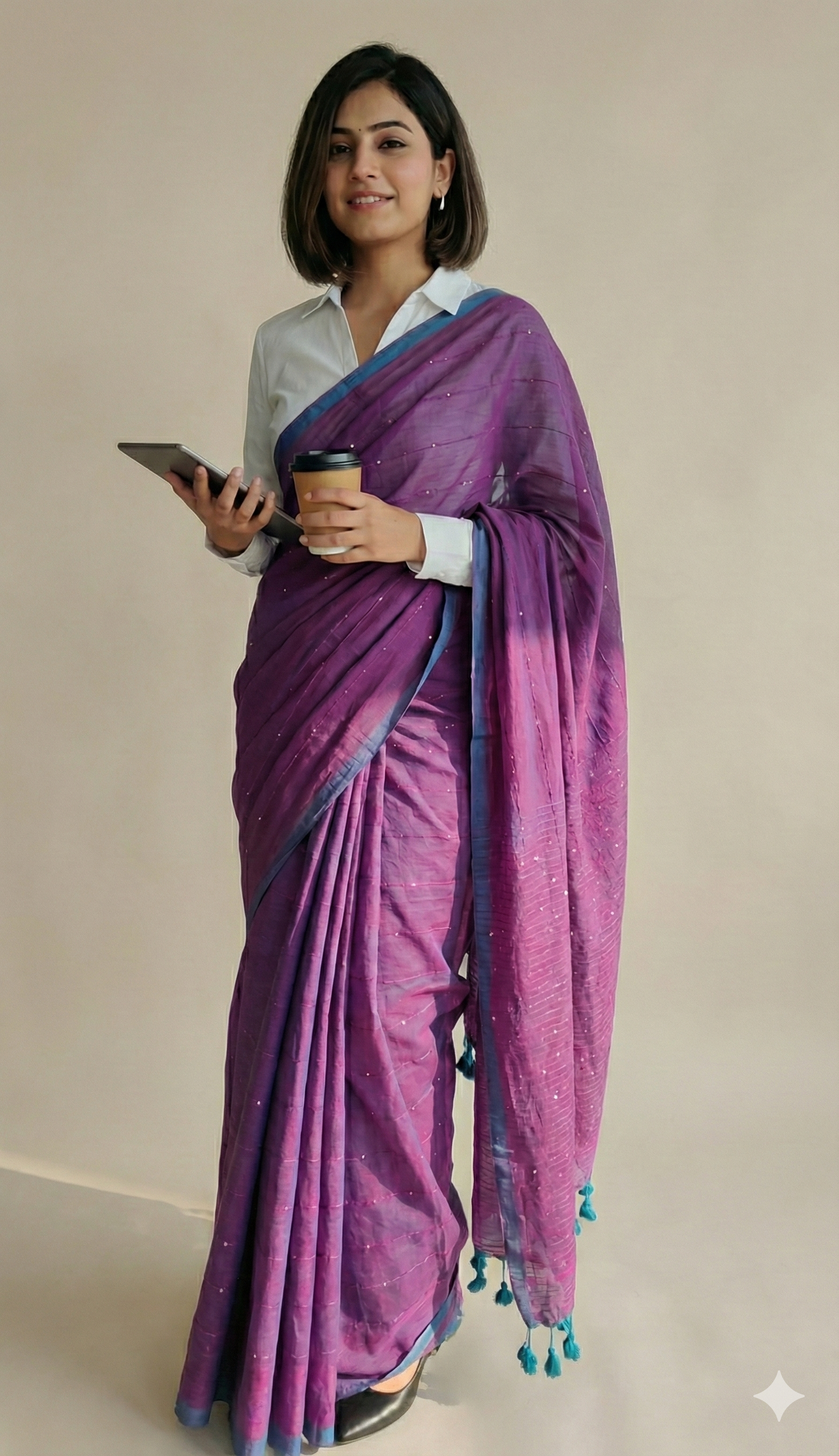 Magenta Body with Purple Undertone Dual Tone Mul Cotton Saree with Subtle Sequin Detailing