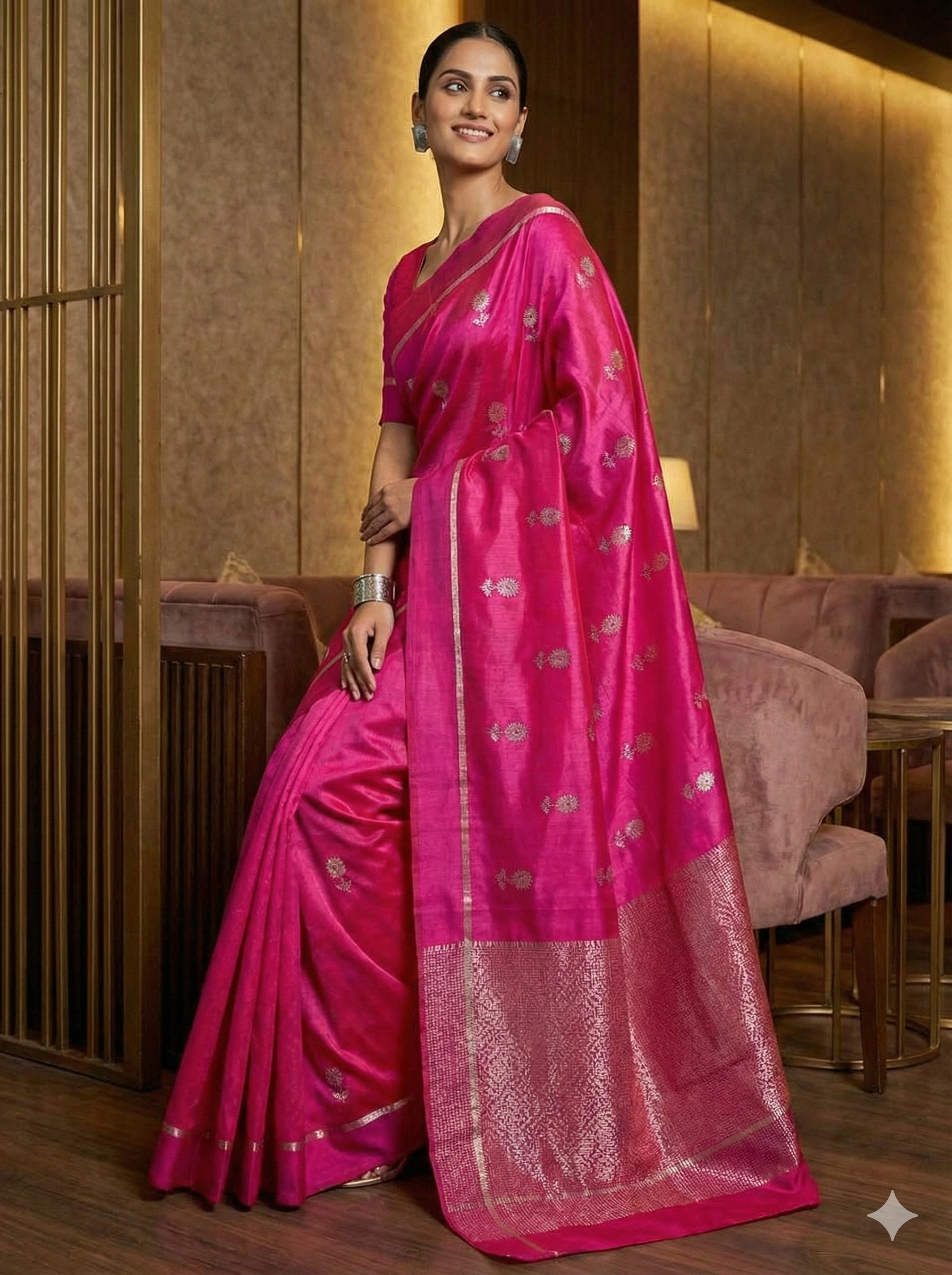 Hot Pink Pattu Soft Silk Chanderi Saree with Meenakari Flower Butti and Rich Zari Pallu – Wedding & Festive Wear