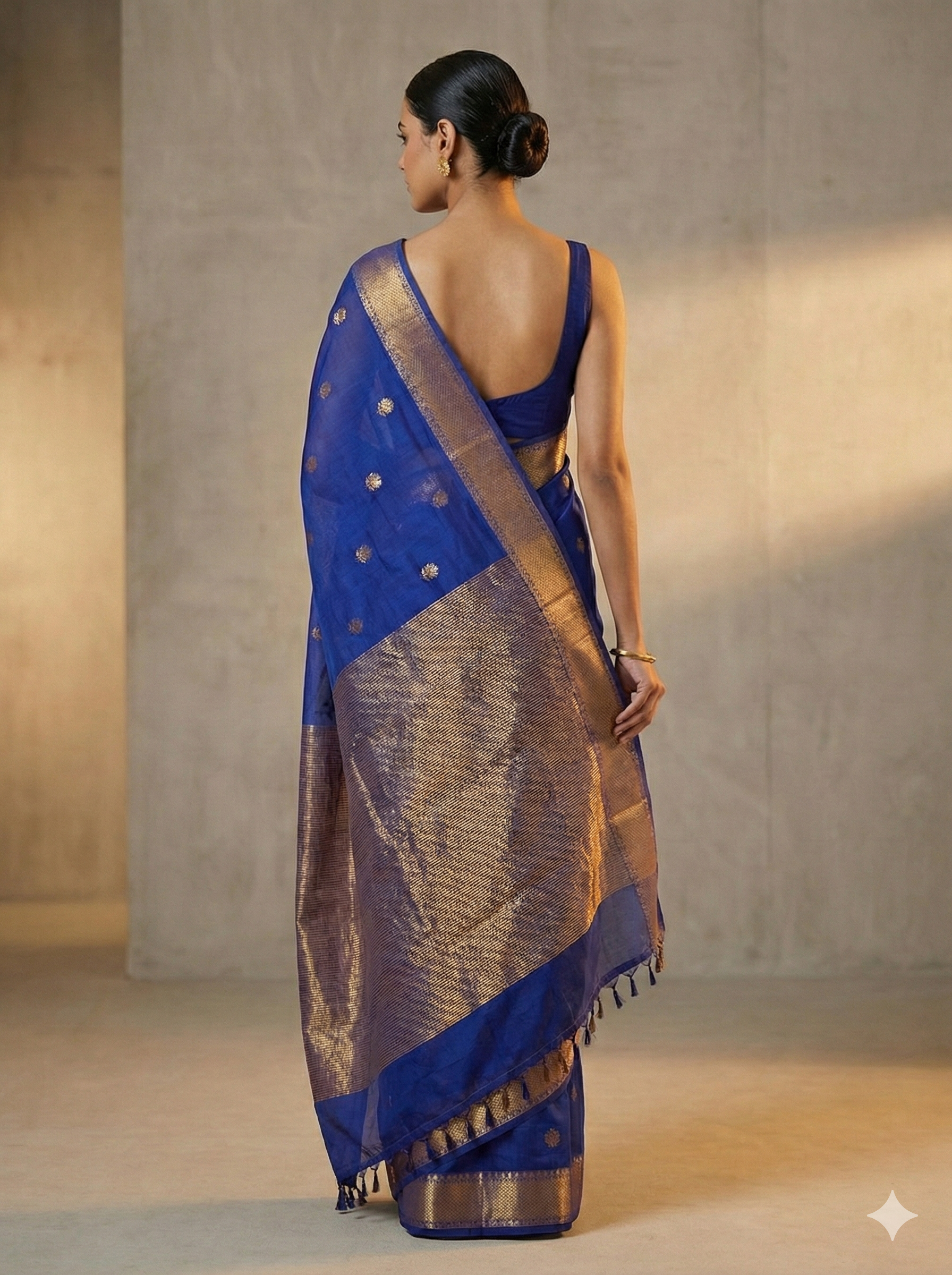 Handloom Exquisite Royal Blue Silk-Blend Maheshwari Silk Cotton Saree with Rich Golden Zari Work
