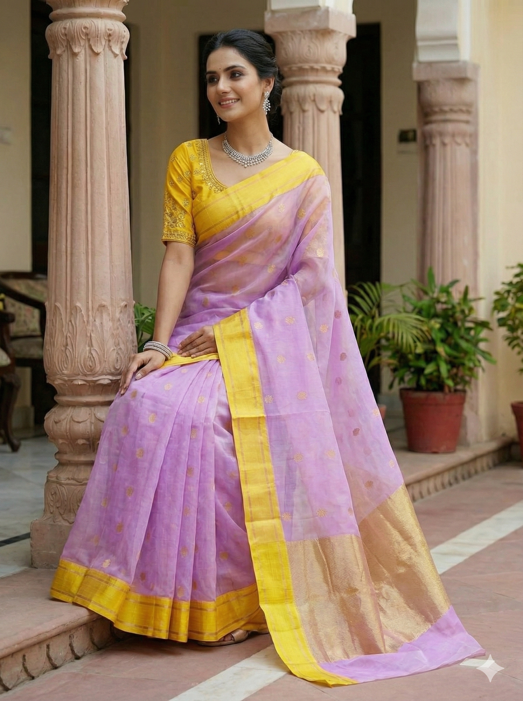 Premium Lavender and Yellow Katan Silk Organza Chanderi Saree with Pattu Silk Borders and Rich Zari Pallu