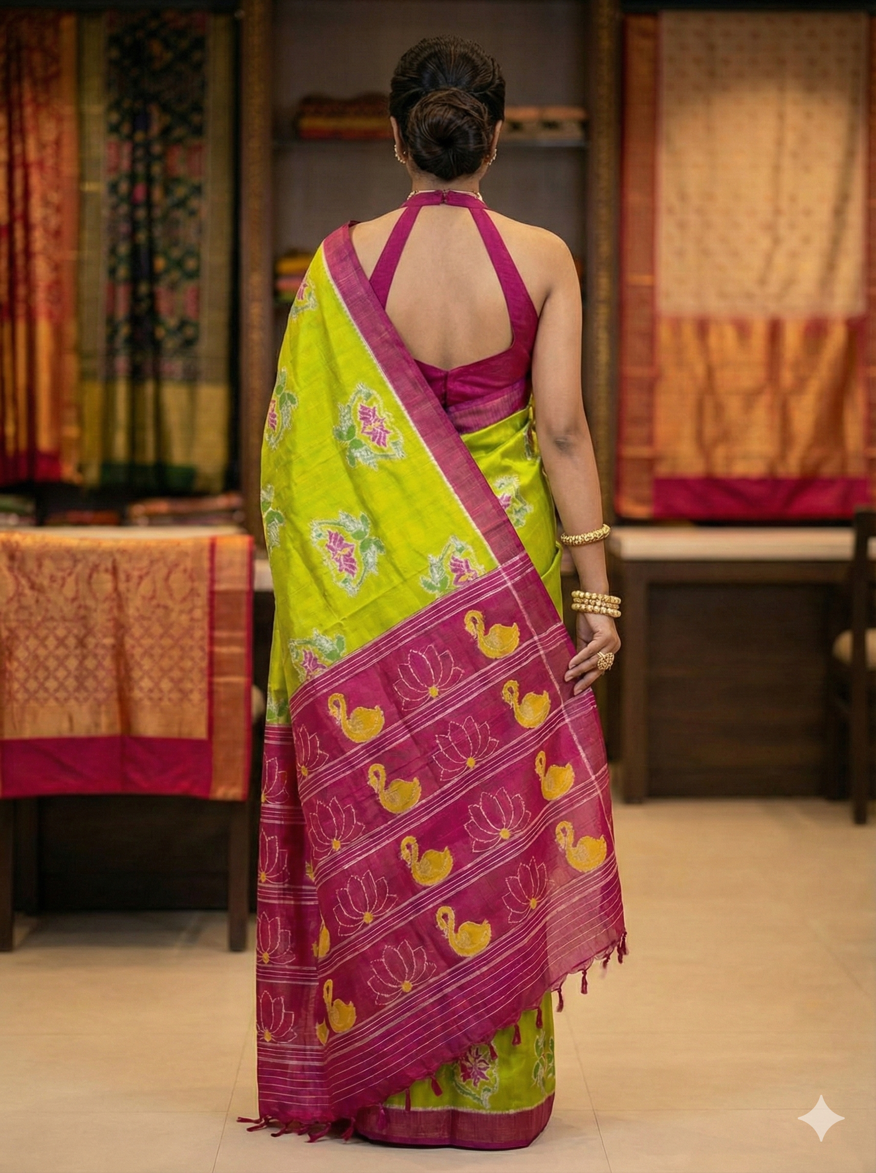 Authentic Nuapatna Lemon Yellow 4-Ply Mulberry Silk Khandua Saree | Lotus & Parrot Ikat Design