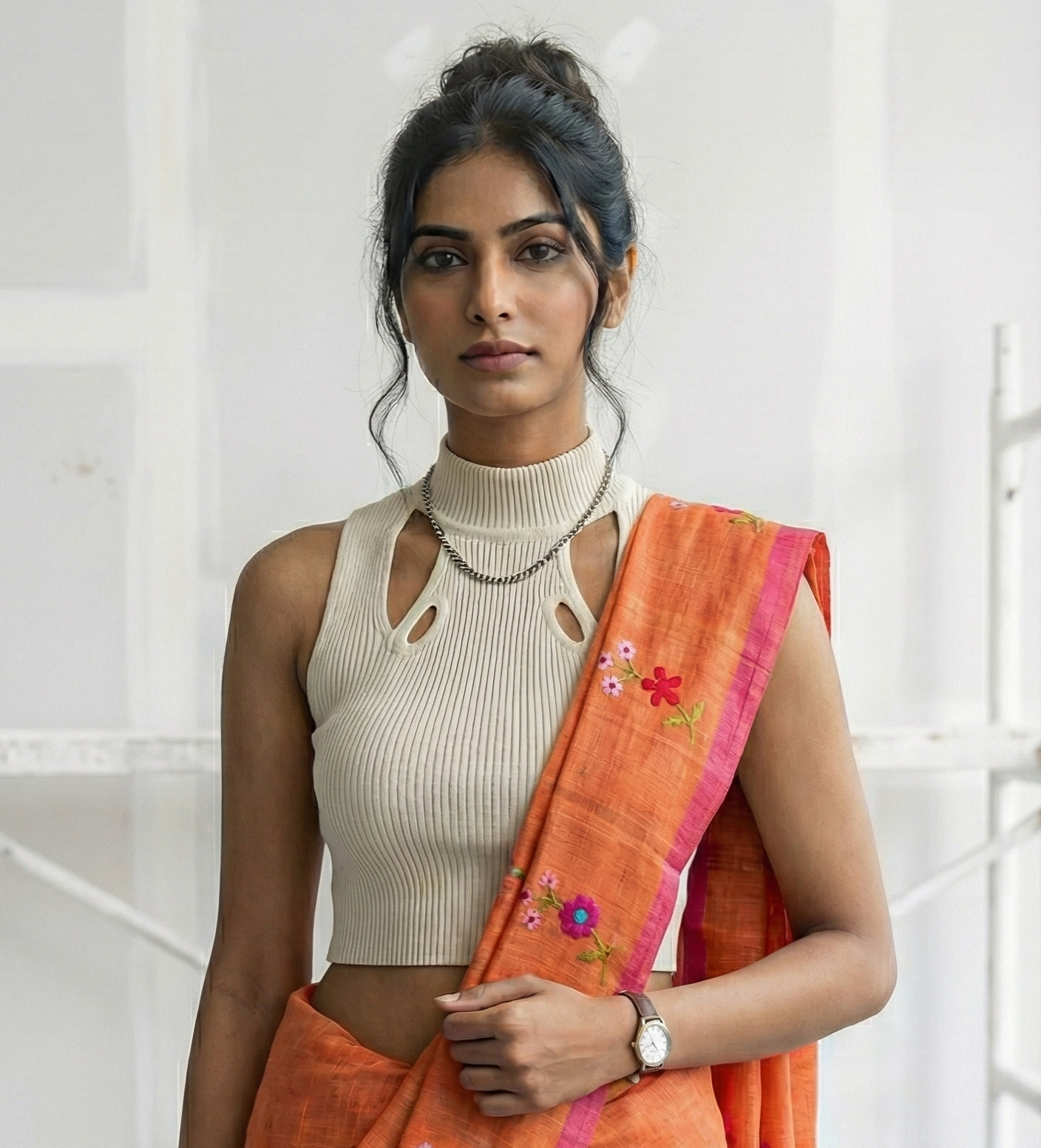 Orange Saree with Multicolor Floral Embroidery and Stylish Tassel Pallu | Elegant Daily & Corporate Babe Wear