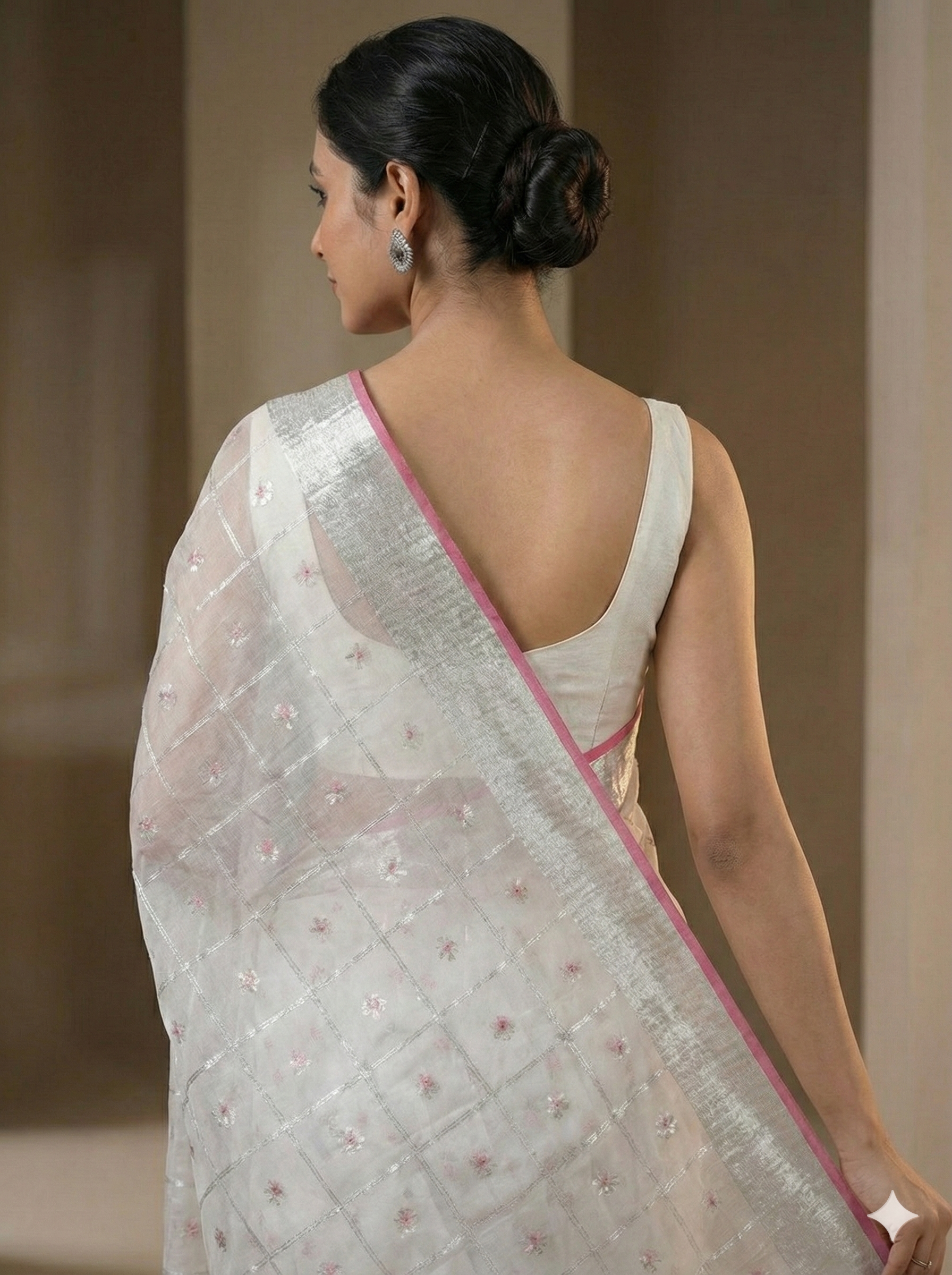 Premium unique white Organza Katan Silk Chanderi Saree with Silver Zari Checks & Floral Buttas| SUTA‑SAGA
