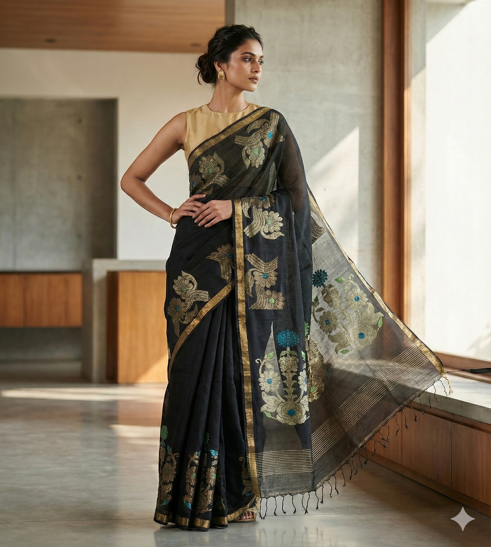 Premium Black Linen Saree with Golden Zari Border | Designer Floral Weaves | Festive Collection