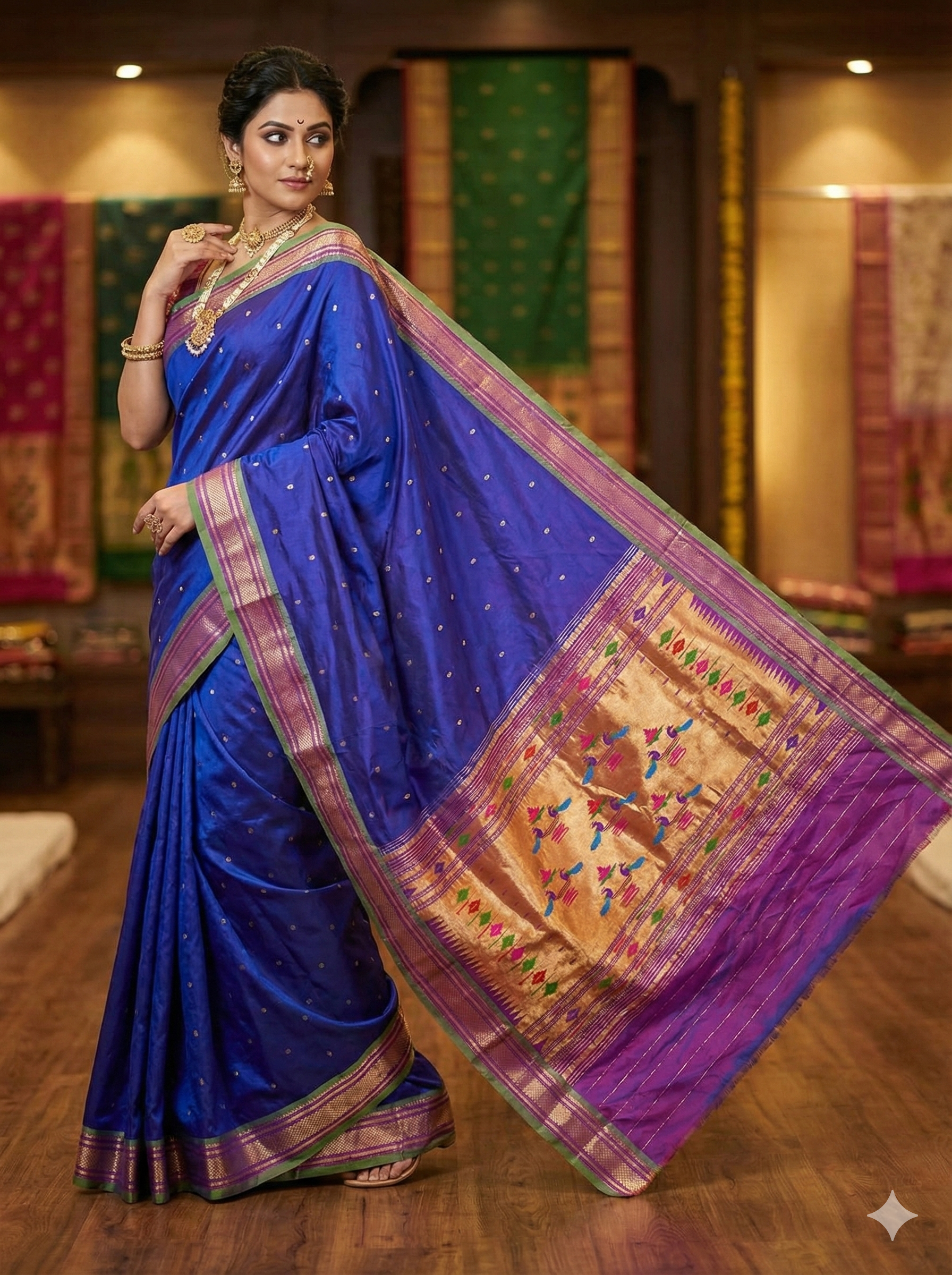 Handloom Authentic Blue Paithani Saree – Peacock Motif Pallu