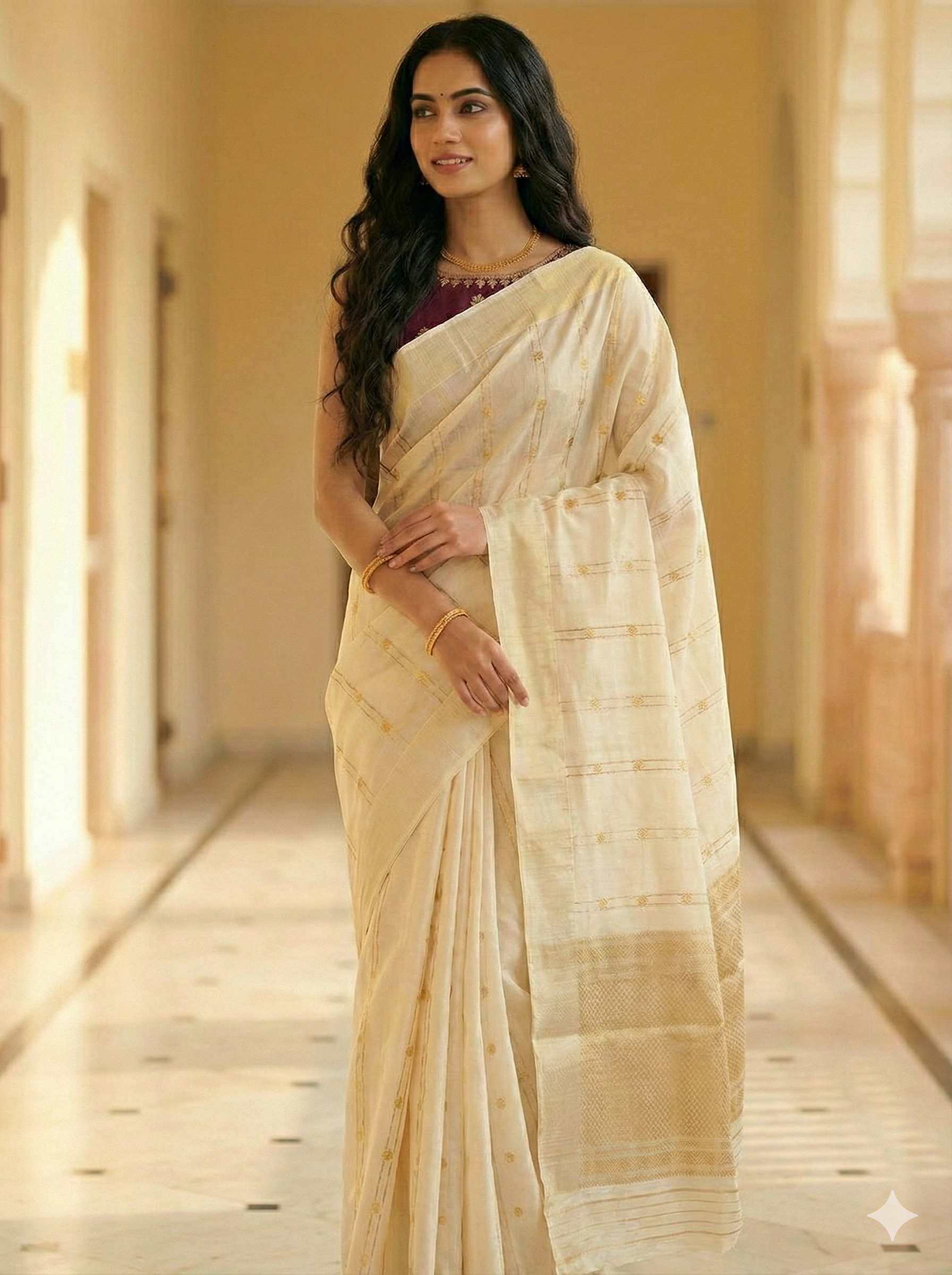 Premium unique White Pattu Silk Chanderi Saree with Golden Zari Pallu | SUTA‑SAGA