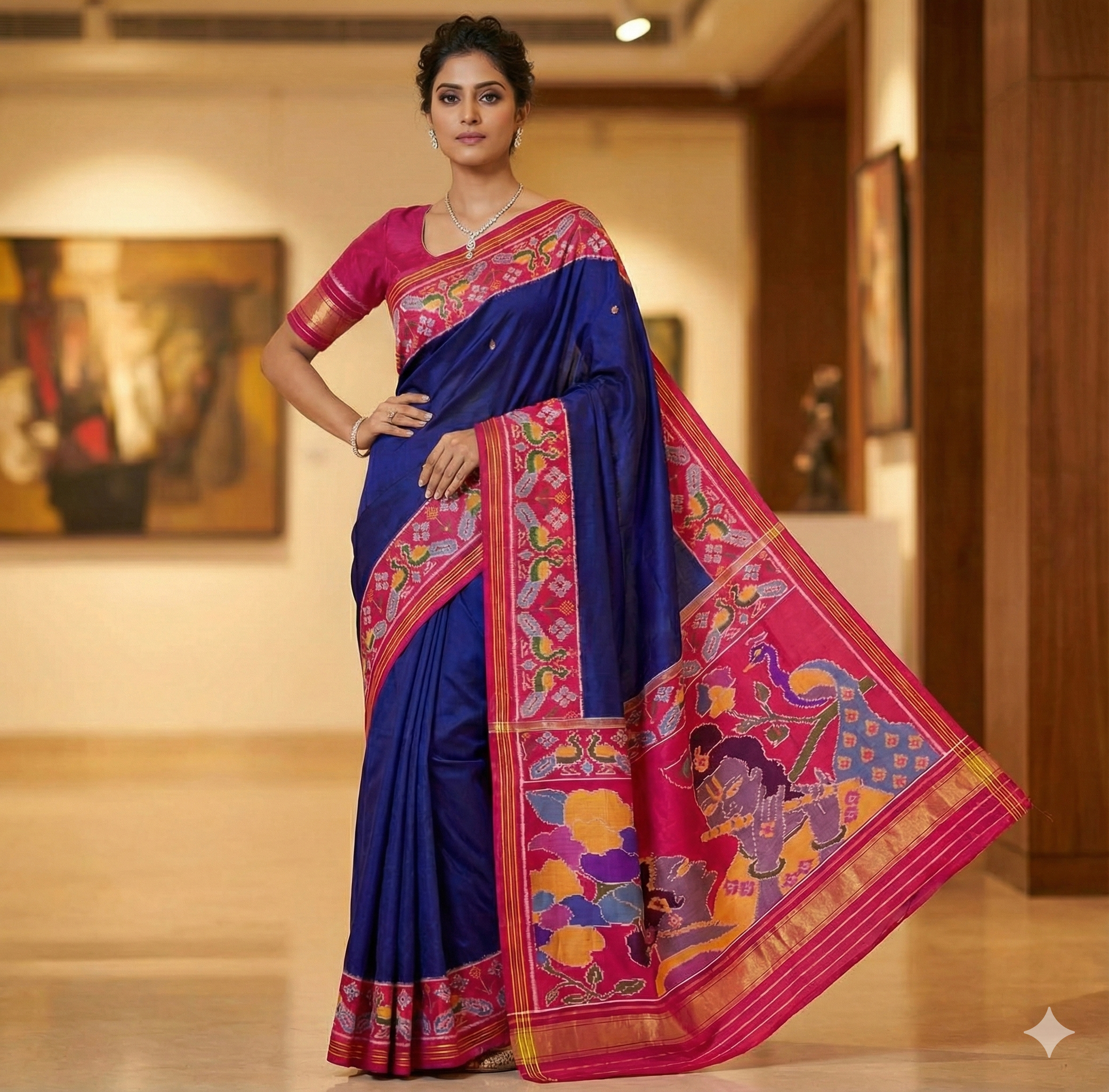 Royal Blue & Magenta - Handwoven Single Ikat Patola Silk Saree with Krishna Radha Motif