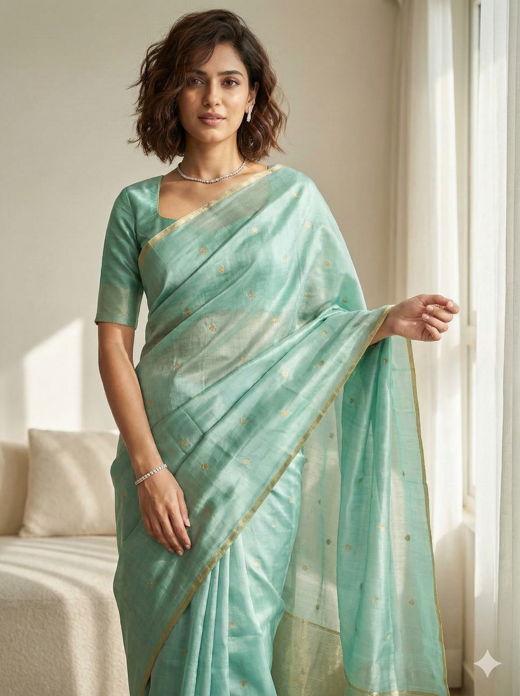 Premium unique Pastel Seafoam Green Chanderi Pattu Silk Saree with Gold Zari Butta & Rich Tissue Border