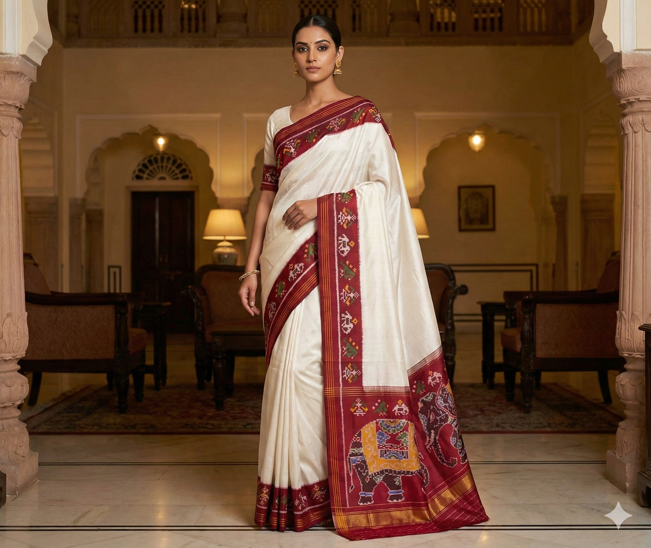 Semi Double Ikat Pure Silk Saree with Traditional Elephant Motifs and Rich Zari Border – Perfect for Weddings & Festive Wear