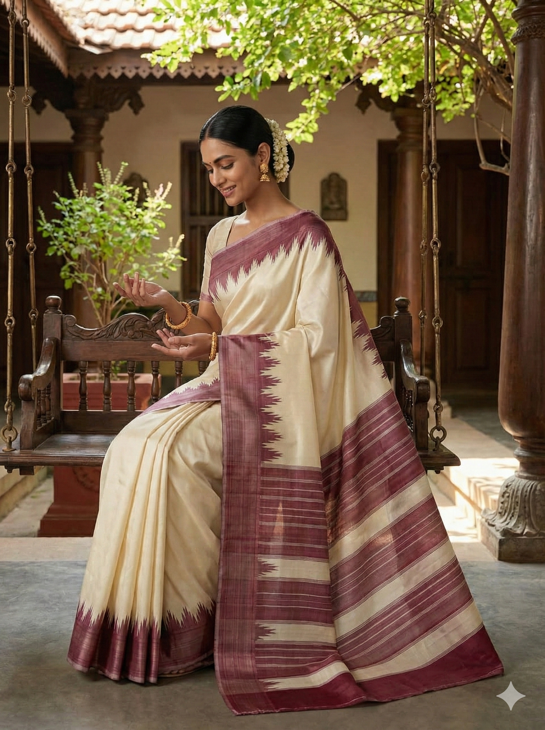 Vintage Korvai Temple Kanchipuram Off- white pure Silk - Formal Saree | SUTA-SAGA