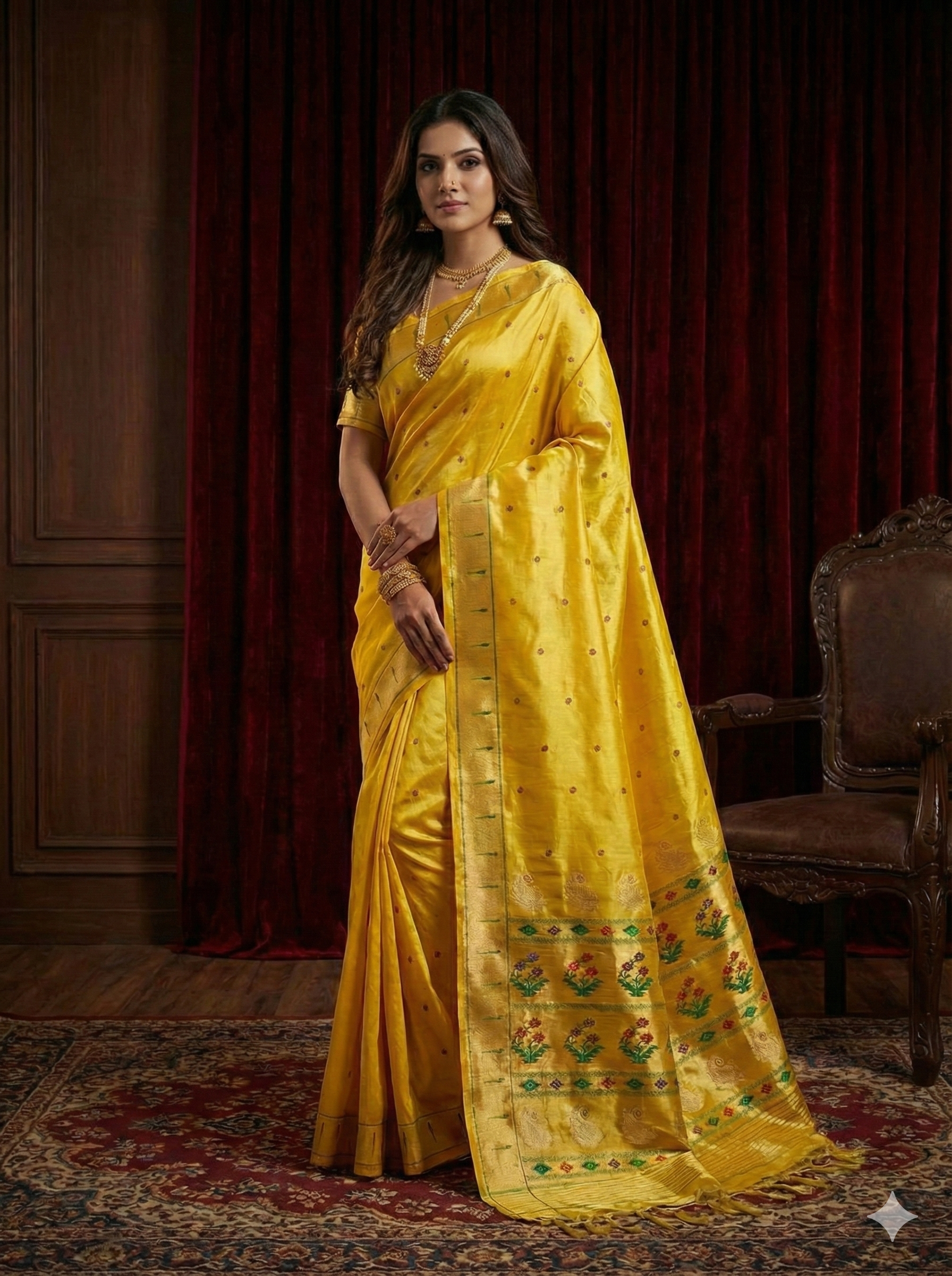 Premium Brocade Tissue Silk Paithani Saree with yellow Zari Border & Multicolor Floral Pallu – Traditional Maharashtrian Handloom
