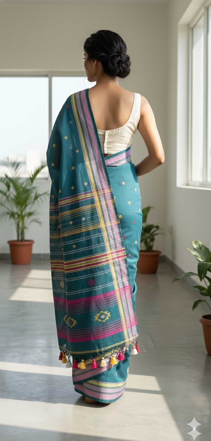 Authentic Bhujodi Handloom Teal BlueCotton Saree | Kutch Weaving & Extra‑Weft Designs