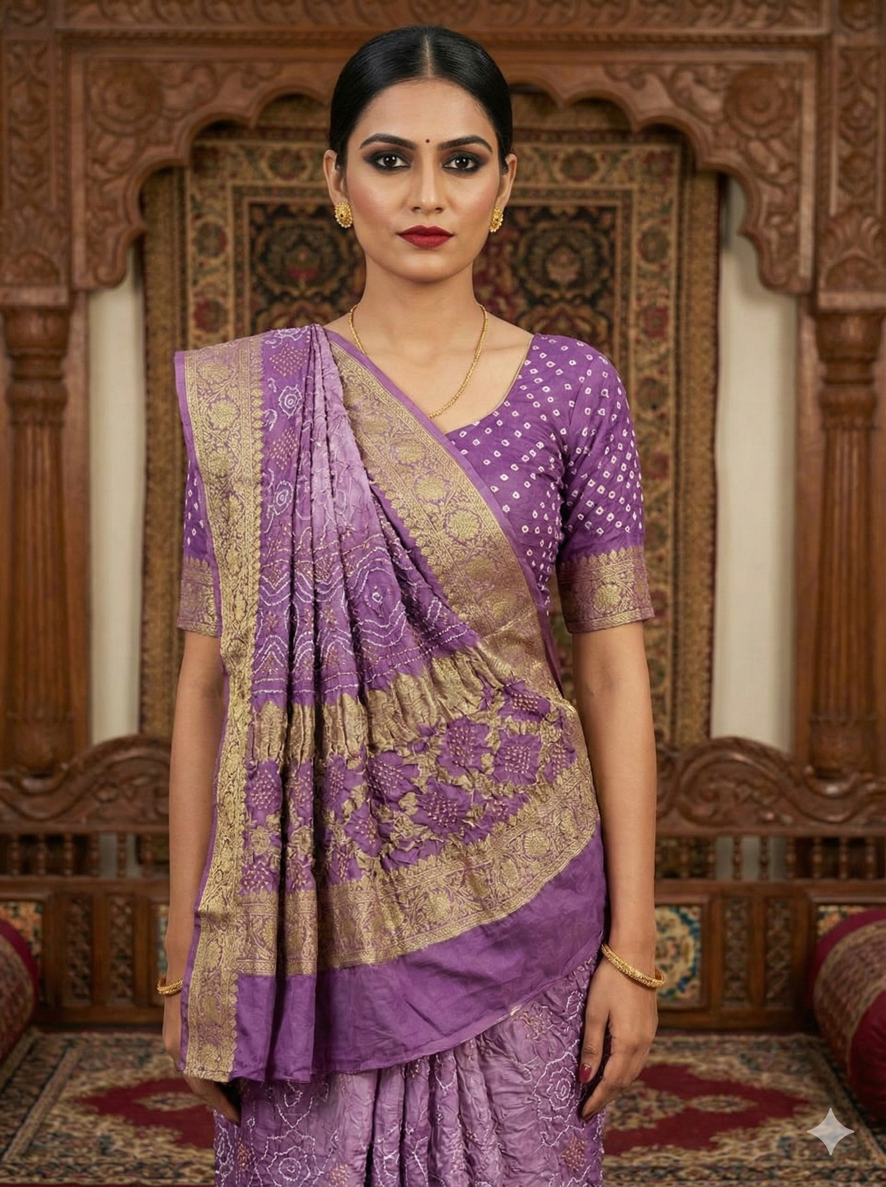 Royal Amethyst: Ombre Purple Bandhani Saree with Golden Zari Border