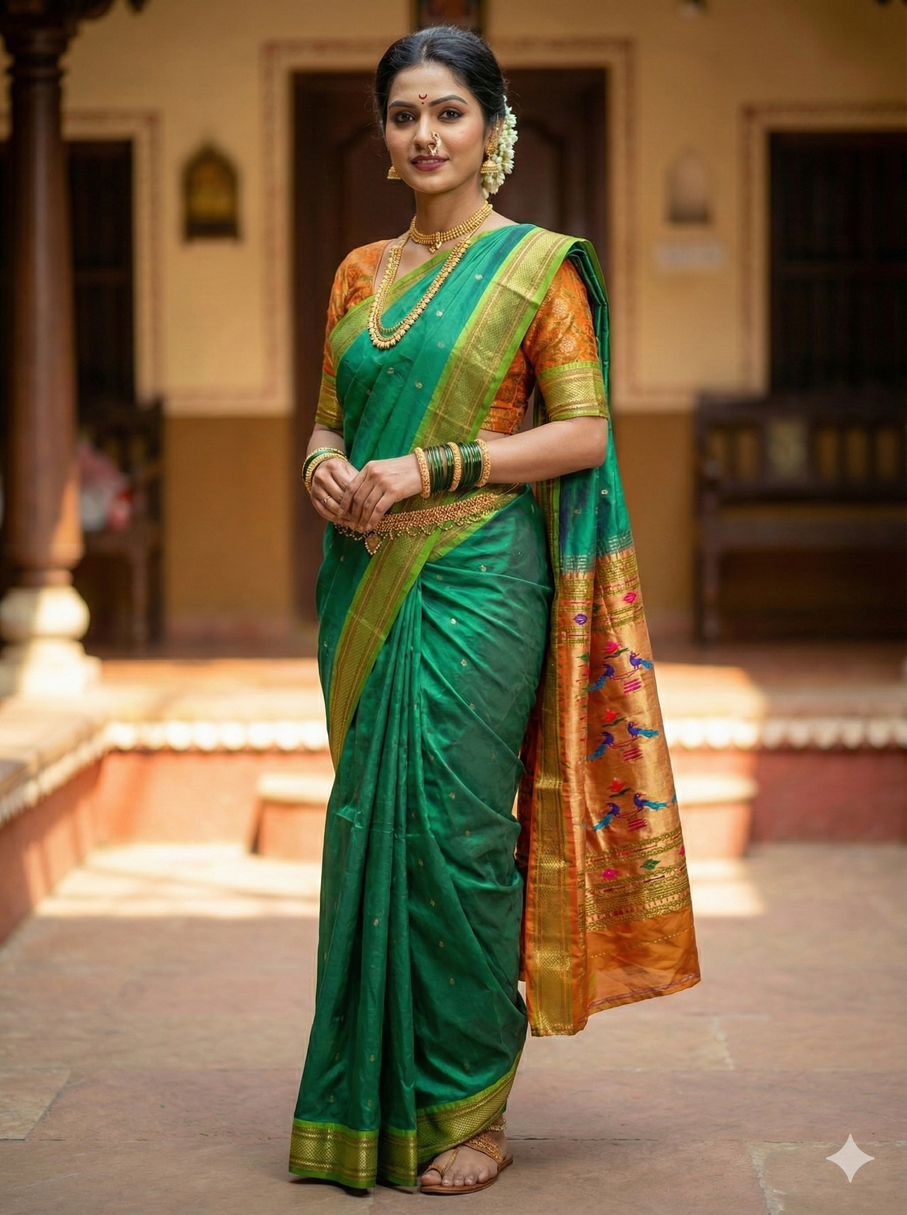 Handloom Authentic Parrot Green Soft Silk Saree with Golden Zari & Contrast Copper Pallu – Peacock Motif Pallu