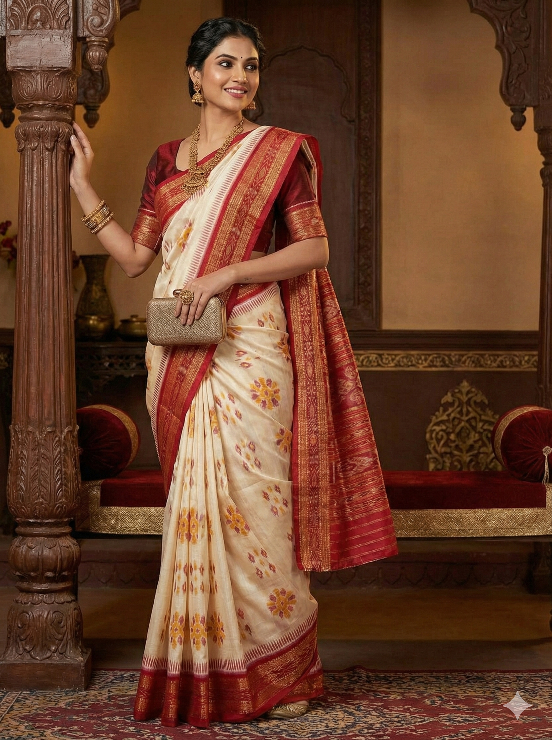 Authentic Bagambari Khandua Silk Saree – Cream & Red Heritage Handloom
