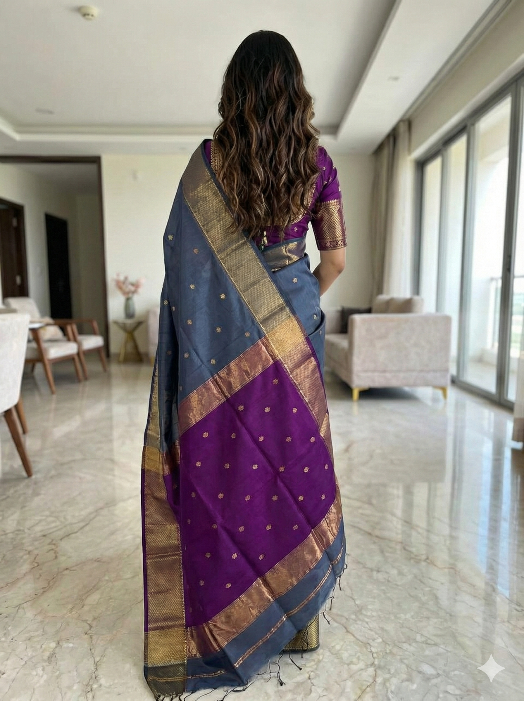 Handloom Elegant Dark Grey Maheshwari Cotton Silk Saree with Gold Zari