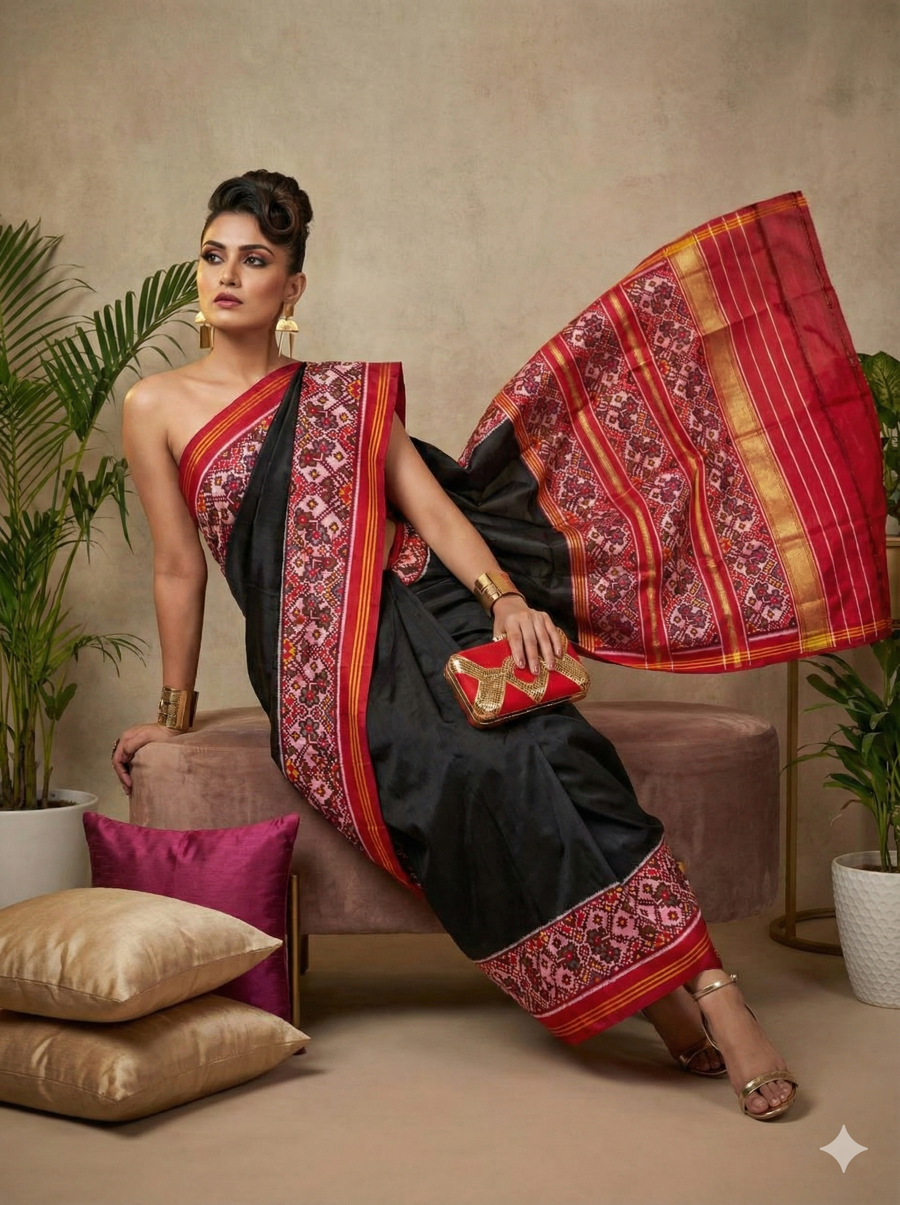 Black & Red - Authentic Patola Silk Saree with Intricate Single Ikat Pattern