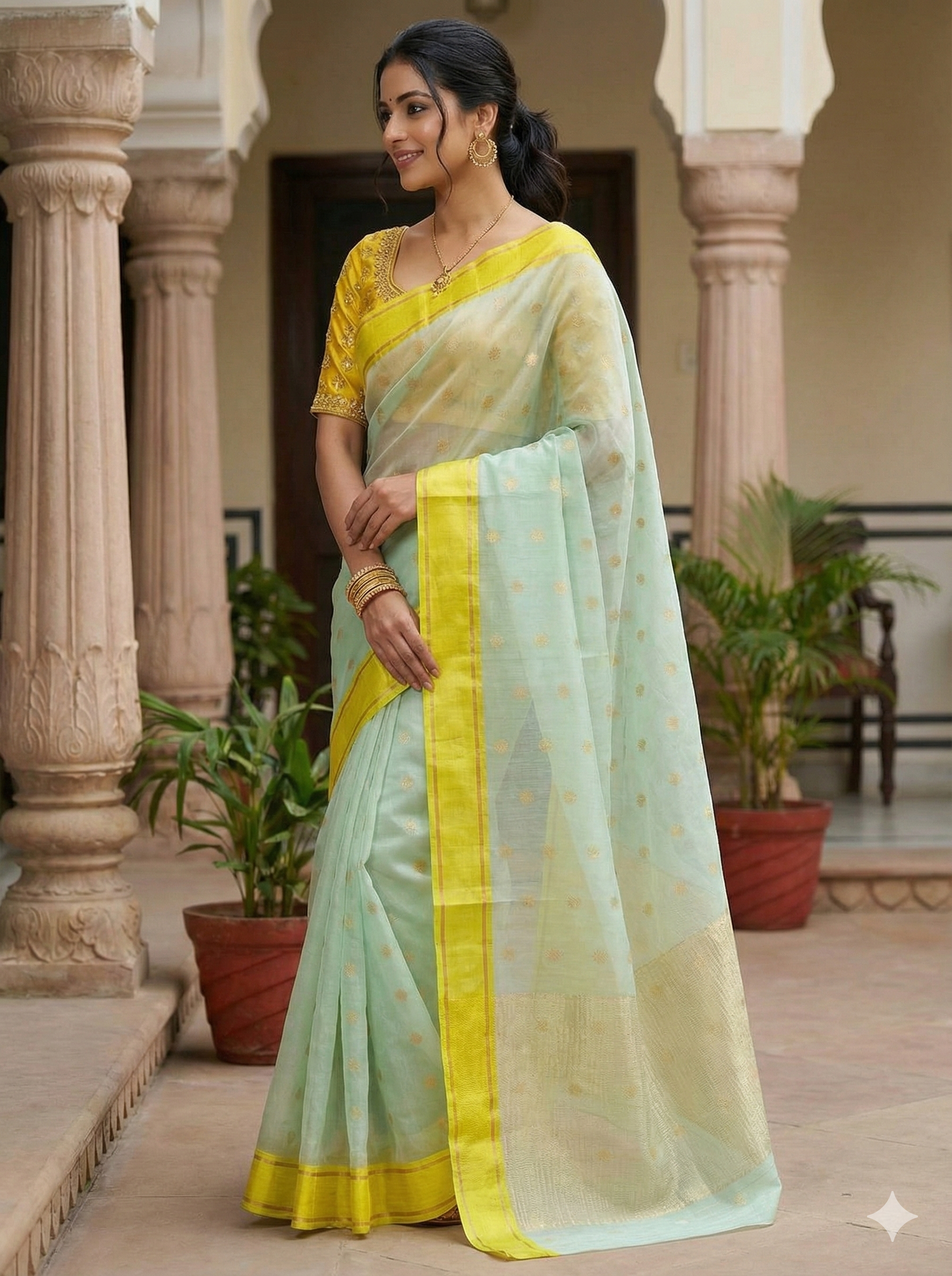 Premium Seafoam Green and Yellow Katan Silk Organza Chanderi Saree with Pattu Silk Borders and Rich Zari Pallu