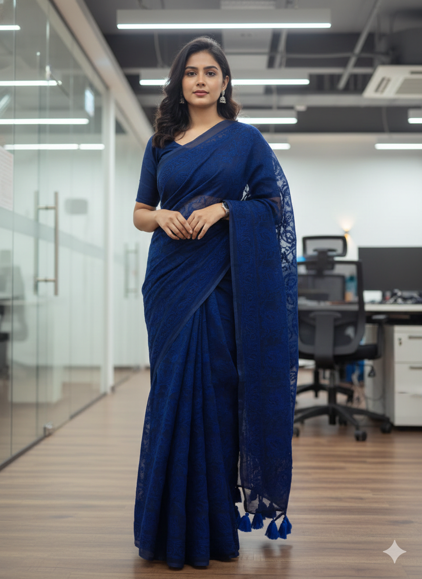 Navy-Blue Mul Cotton Chikankari Saree – Elegant Handcrafted Corporate Wear with Tassels
