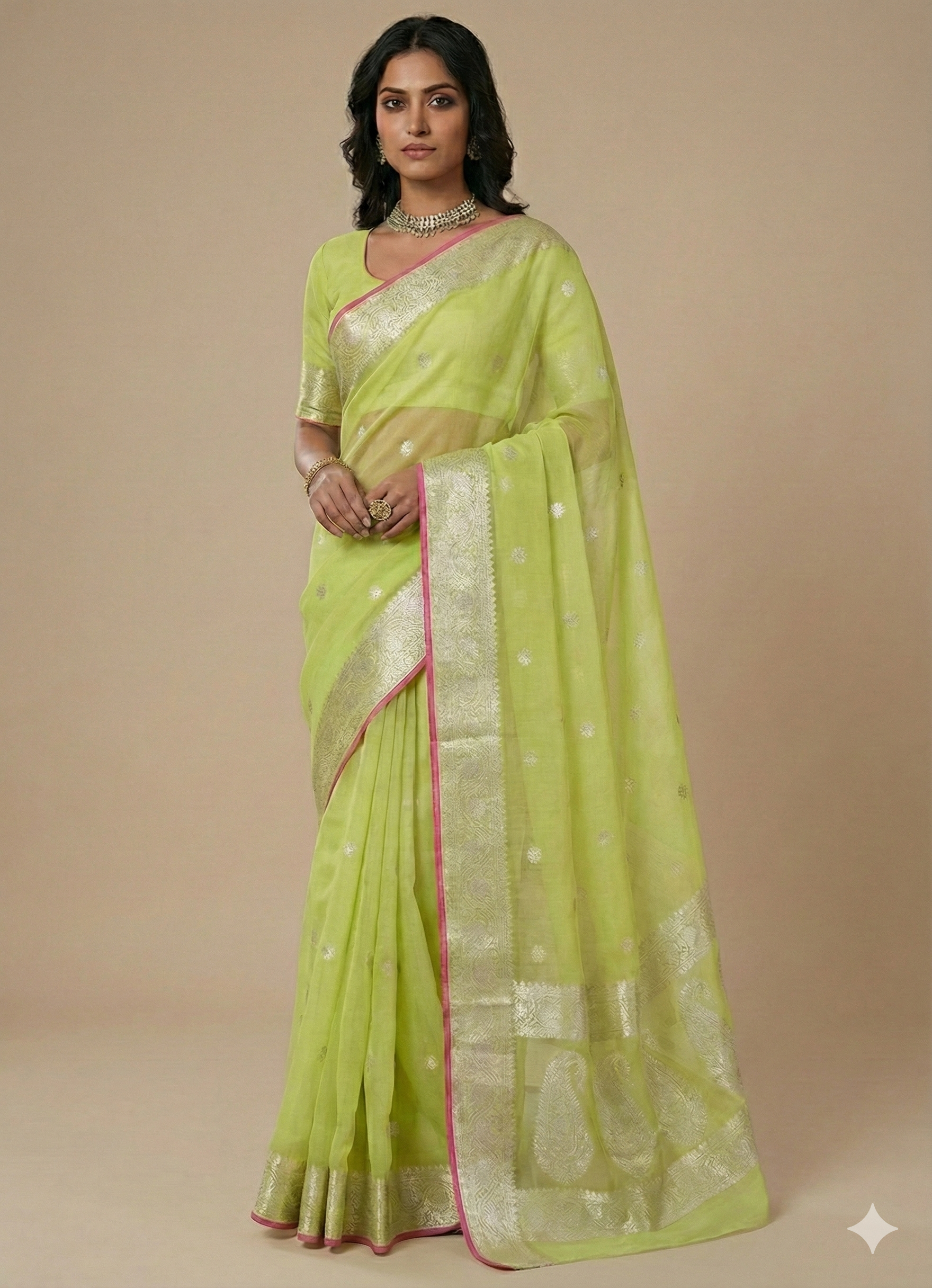 khaddi Chiffon Mysore Silk lemon green Saree – Handcrafted Elegance