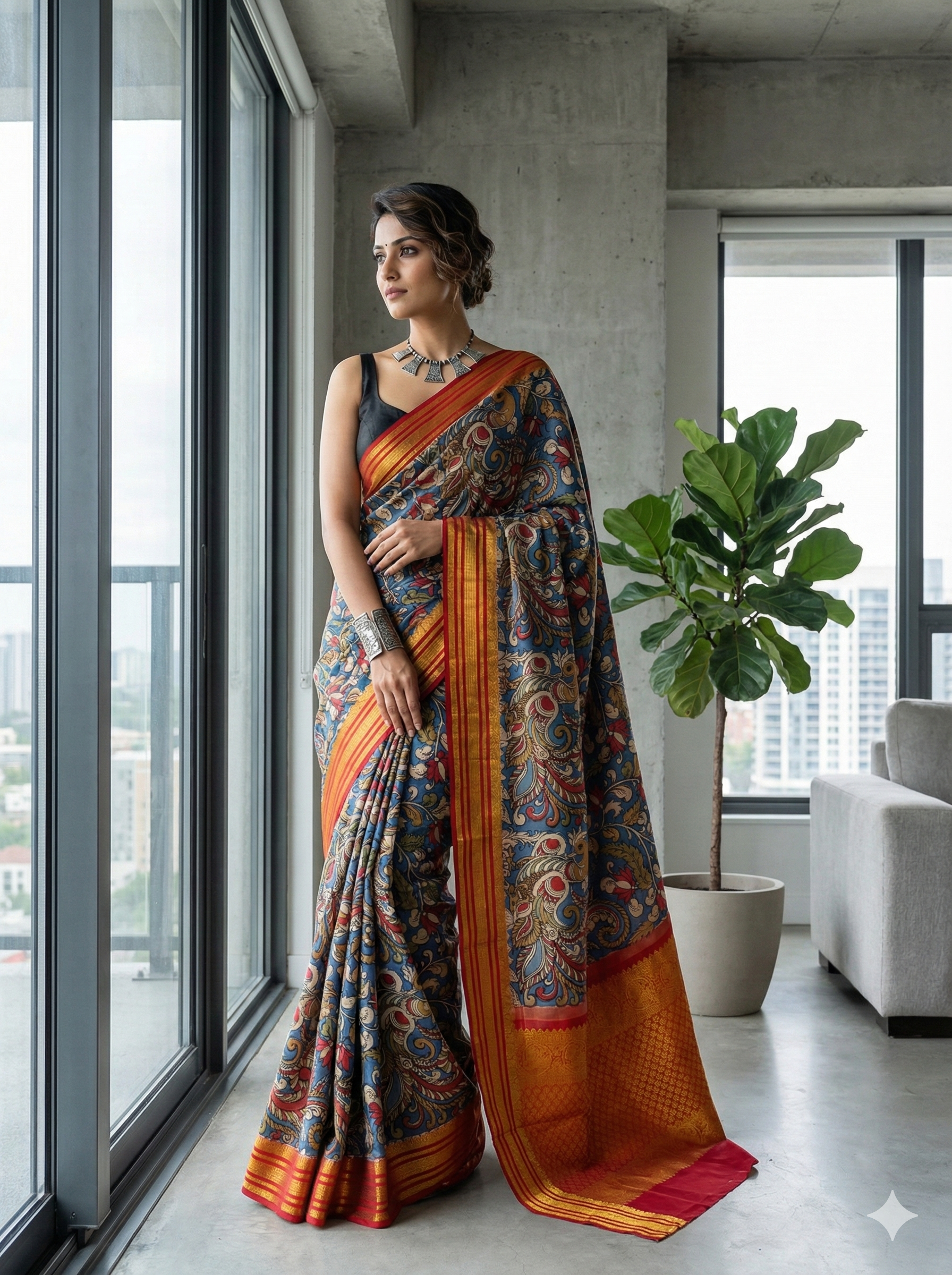 Neavy Blue Pen Kalamkari Kanchipuram Silk Saree - Floral Kalamkari print with large Peacock/Bird motifs