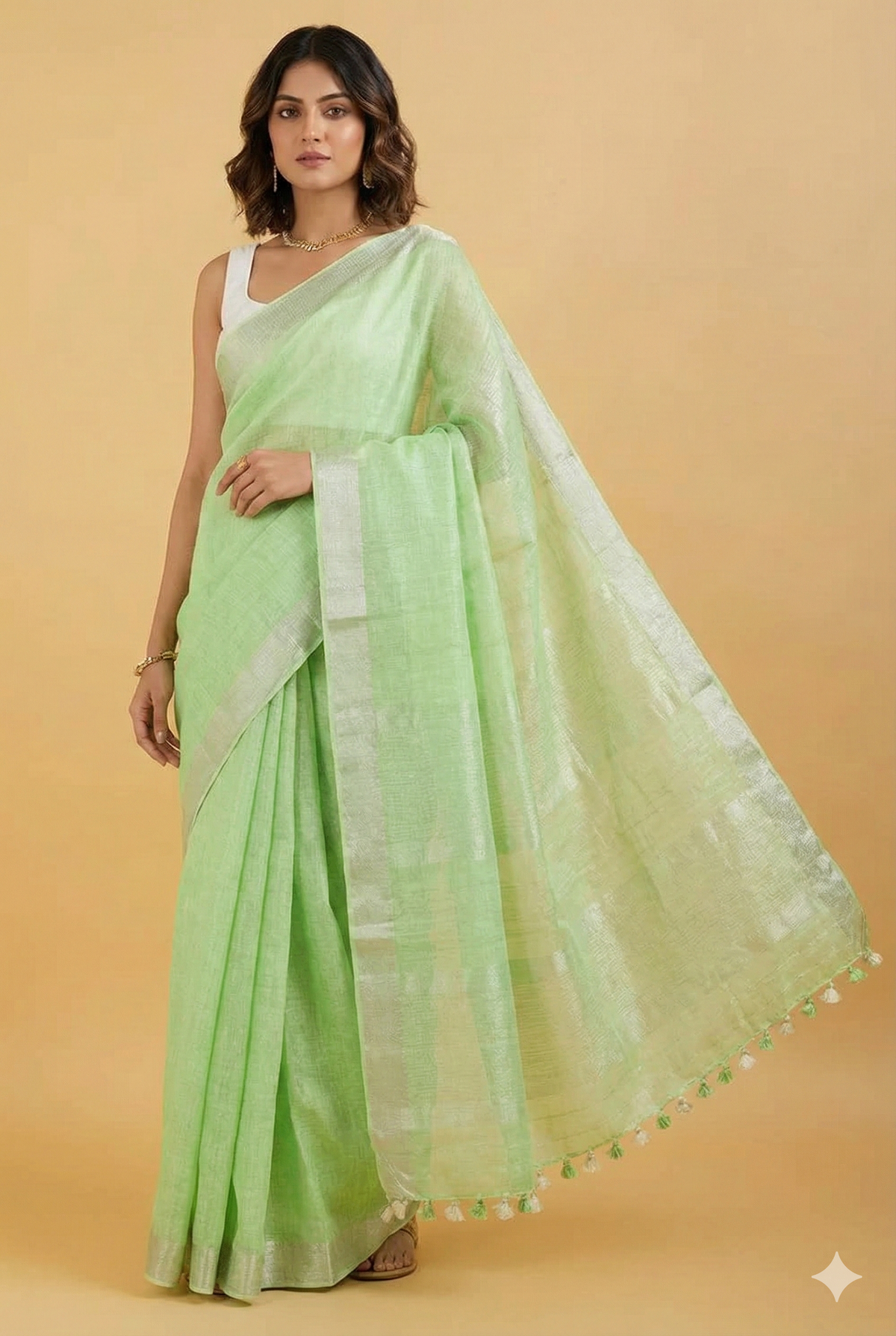Pure Linen Saree in Mint / Lime Green with a Silver Zari Border