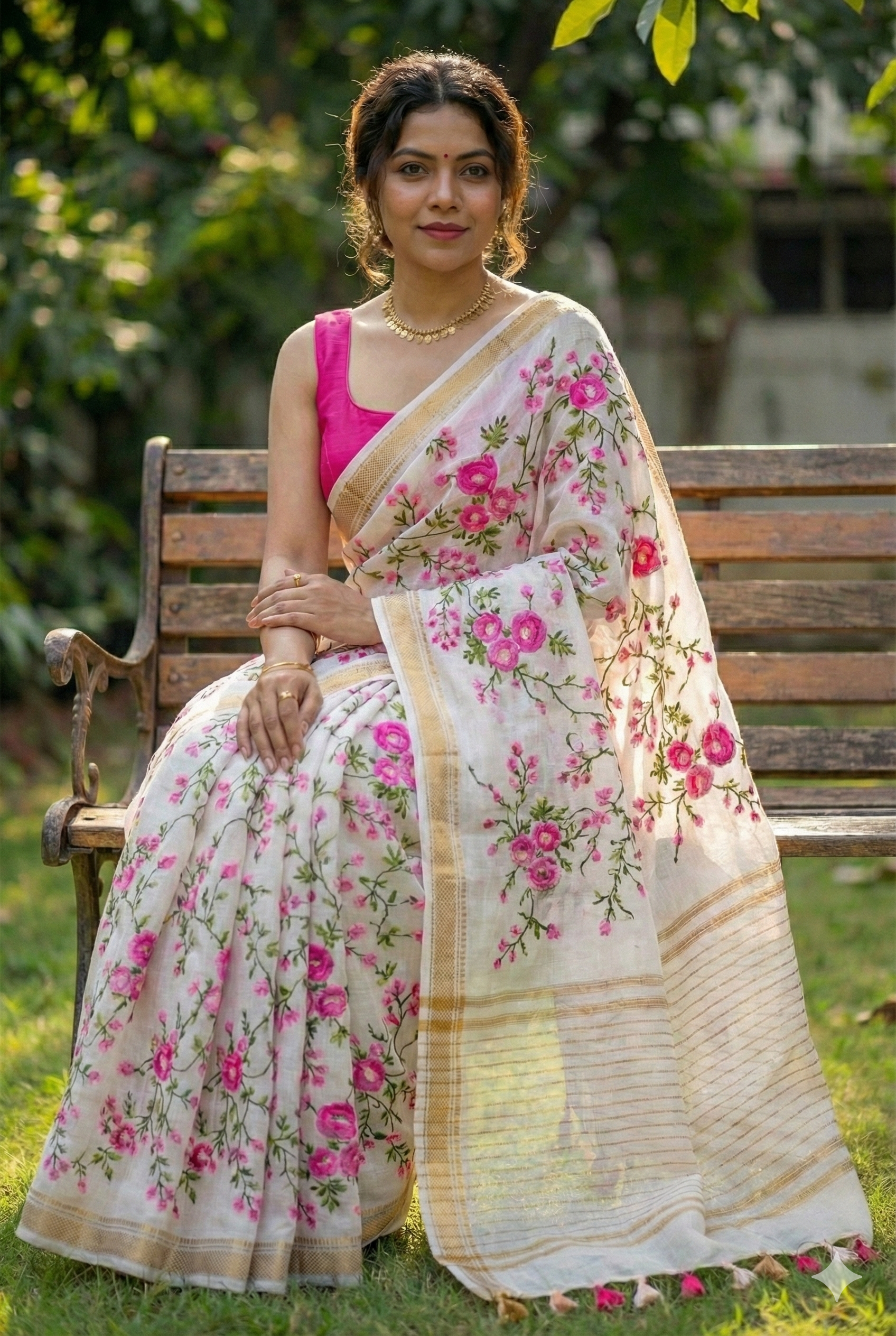 Hand-Embroidered White Silk Linen Saree with Pink Floral Embroidery & Gold Zari Border