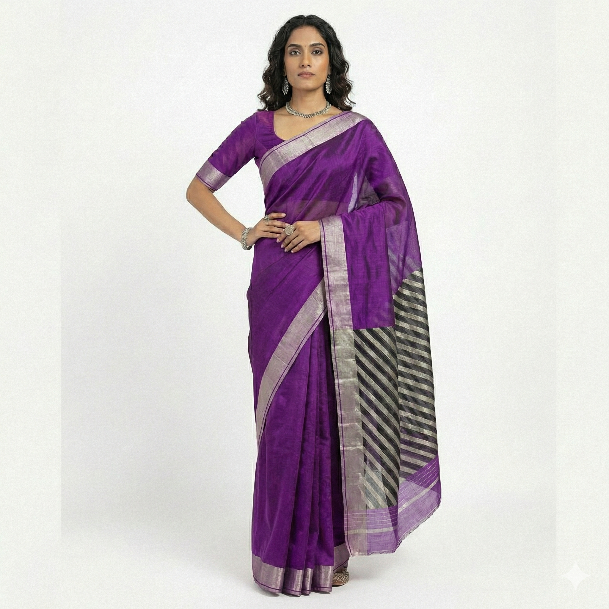 Premium unique Blue Pattu Silk Chanderi Saree with Silver zari patela border Taraj designing strips pallu | SUTA‑SAGA