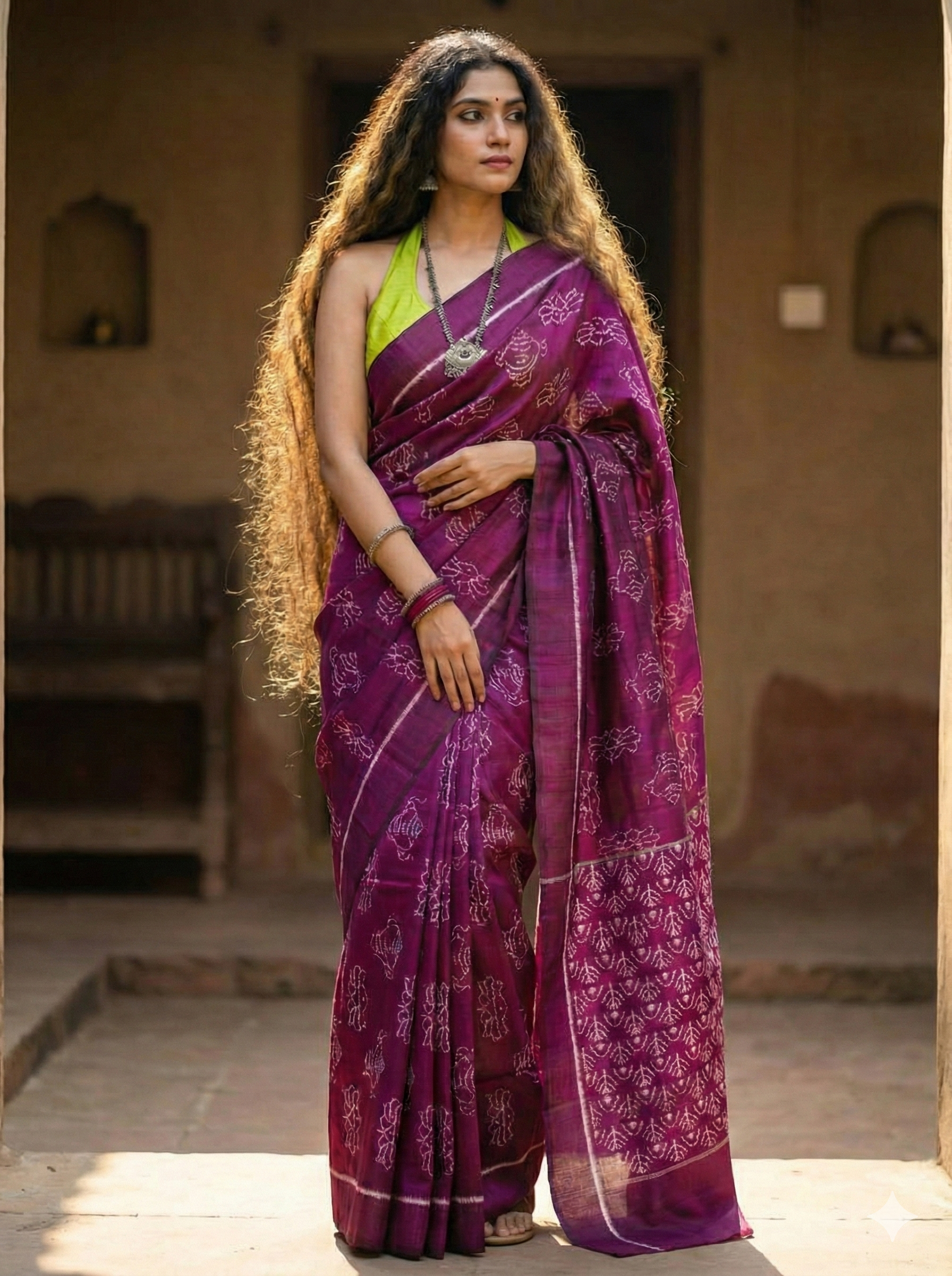 Authentic Nuapatna Khandua Silk Saree in Magenta - Shankha & Lotus Ikat Design