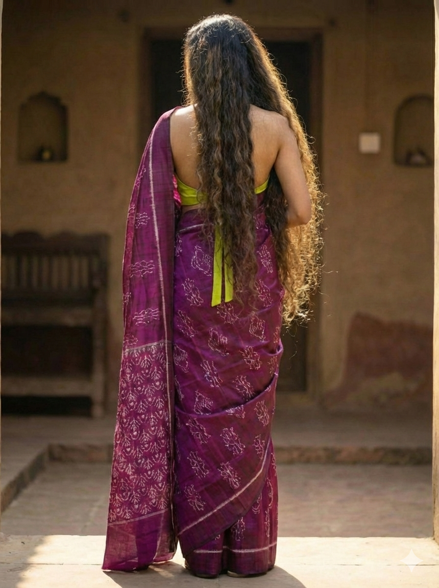 Authentic Nuapatna Khandua Silk Saree in Magenta - Shankha & Lotus Ikat Design