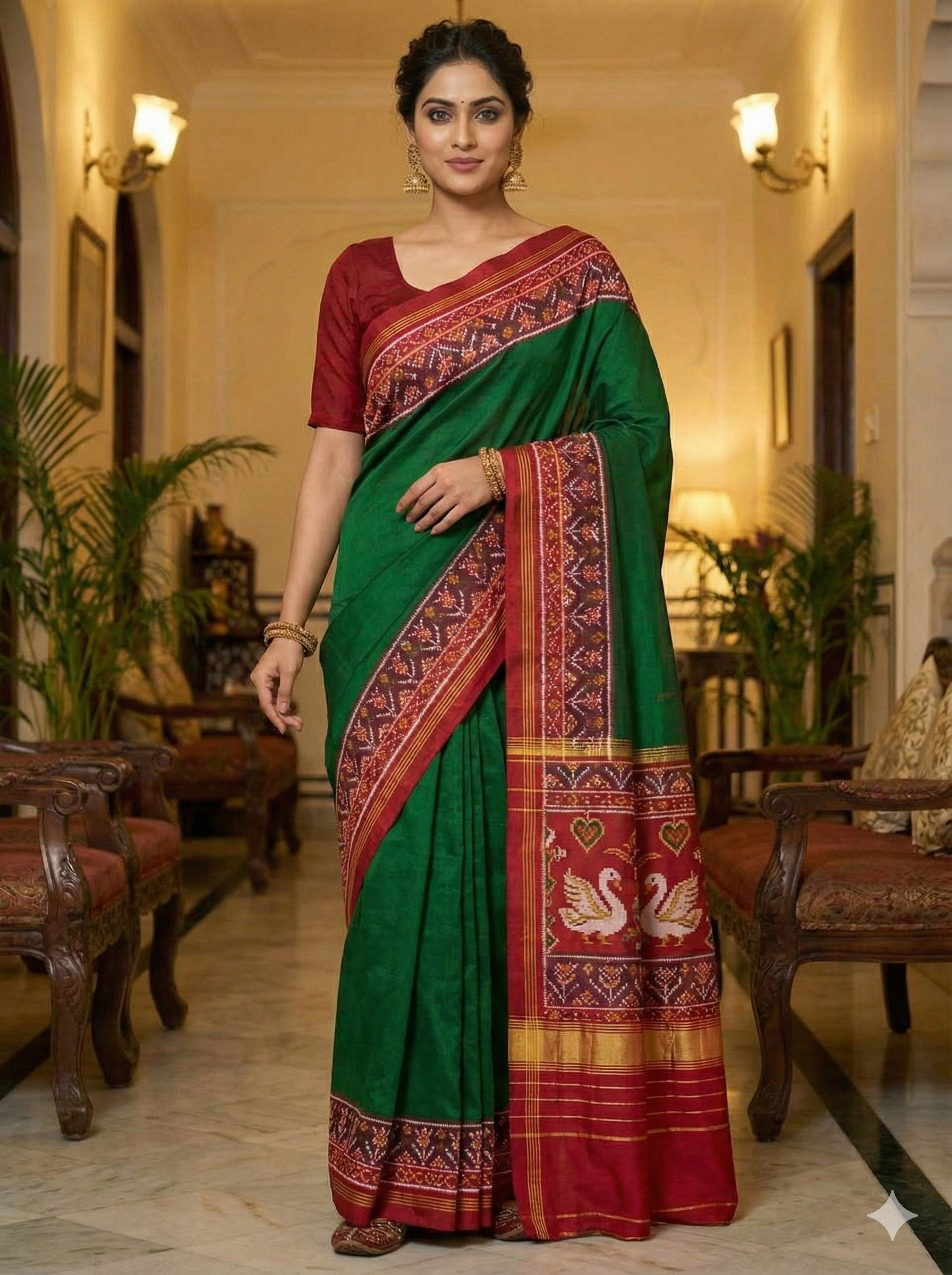 Green and Red Single Ikat Patola with Swan Motifs