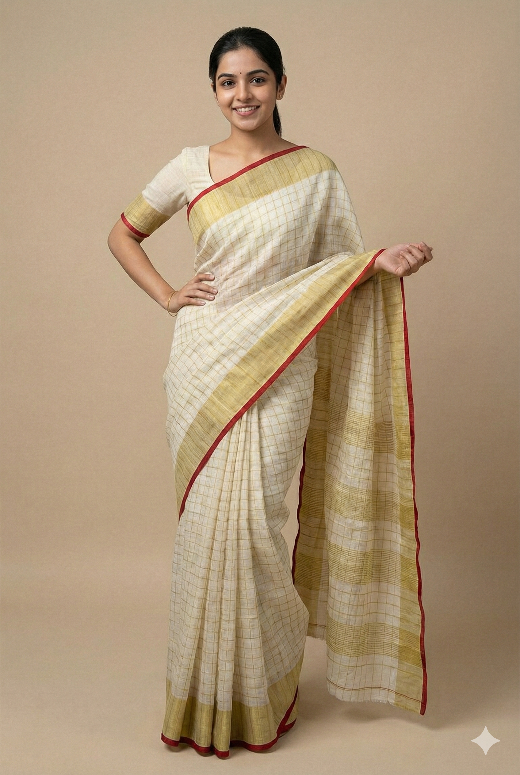 Organic Cream/Off-White body Linen saree with Golden Beige Checks and a sharp Maroon/Red Piping Border
