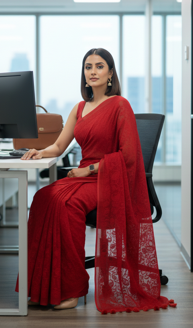 Red Mul Cotton Chikankari Saree – Elegant Handcrafted Corporate Wear with Tassels