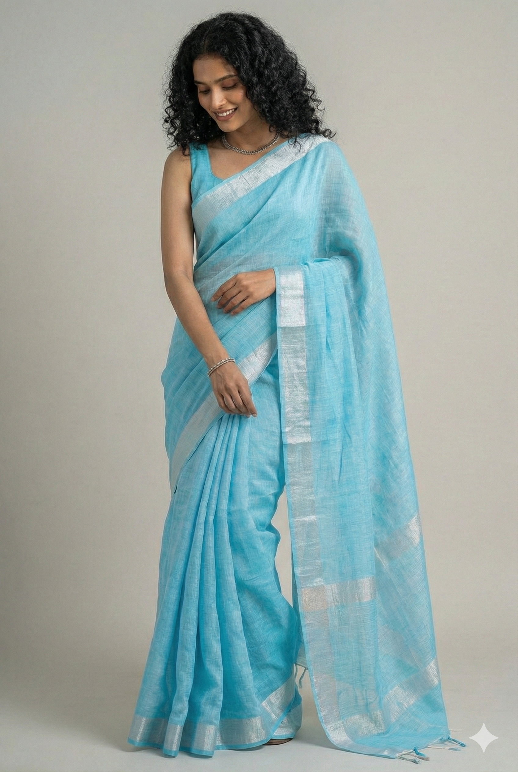 Pure Linen Saree in Cyan Blue with Silver Zari Border | Breathable Office Wear Saree
