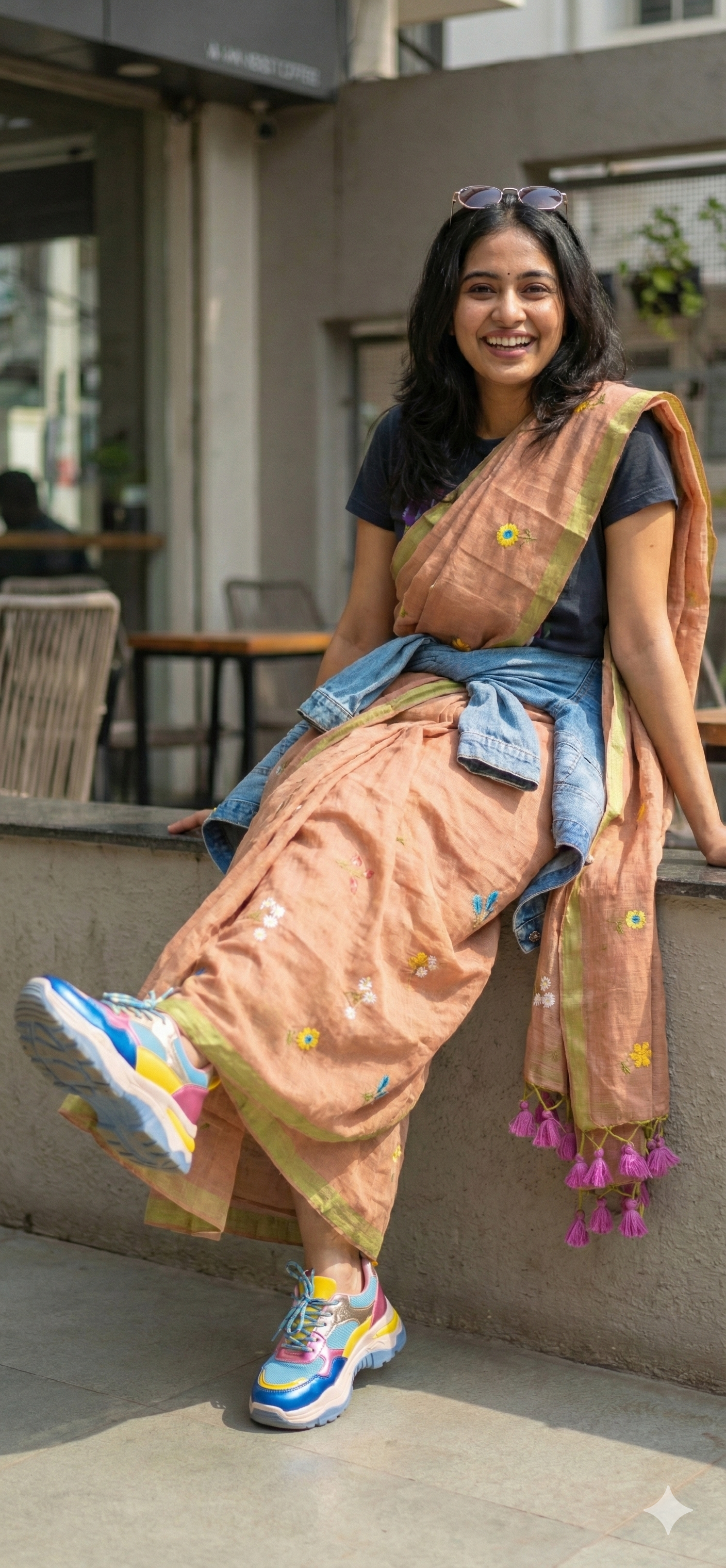 Soft Brown‑Peach Saree with Multicolor Floral Embroidery and Stylish Tassel Pallu | Elegant Daily & Corporate Babe Wear