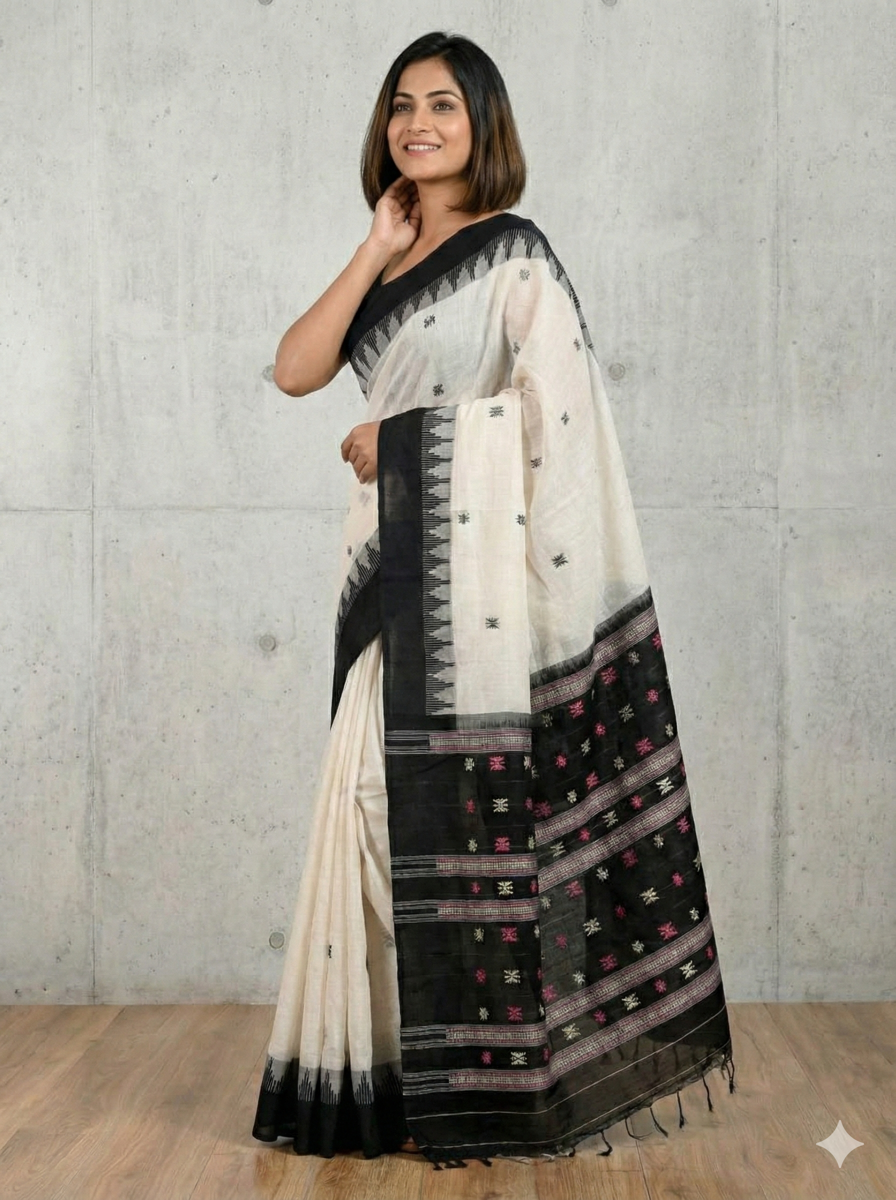Exclusive Sambalpuri Fudakumbha Cotton Saree | Tribal Kotpad & Habaspuri Fusion Design | Off-white & Black Handloom