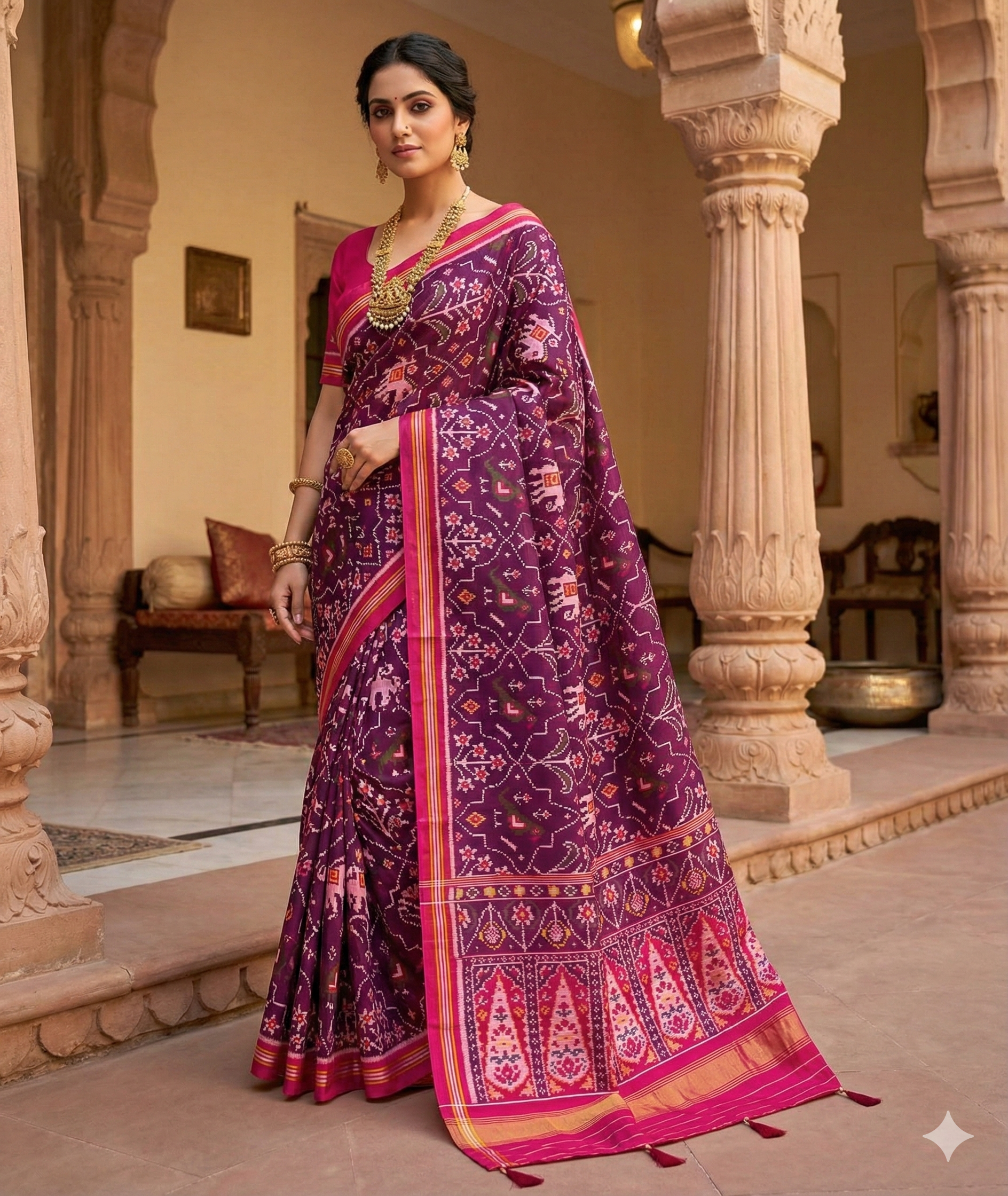 Deep Wine Purple Ikat Saree with Elephant Motifs & Grand Paisley Pallu