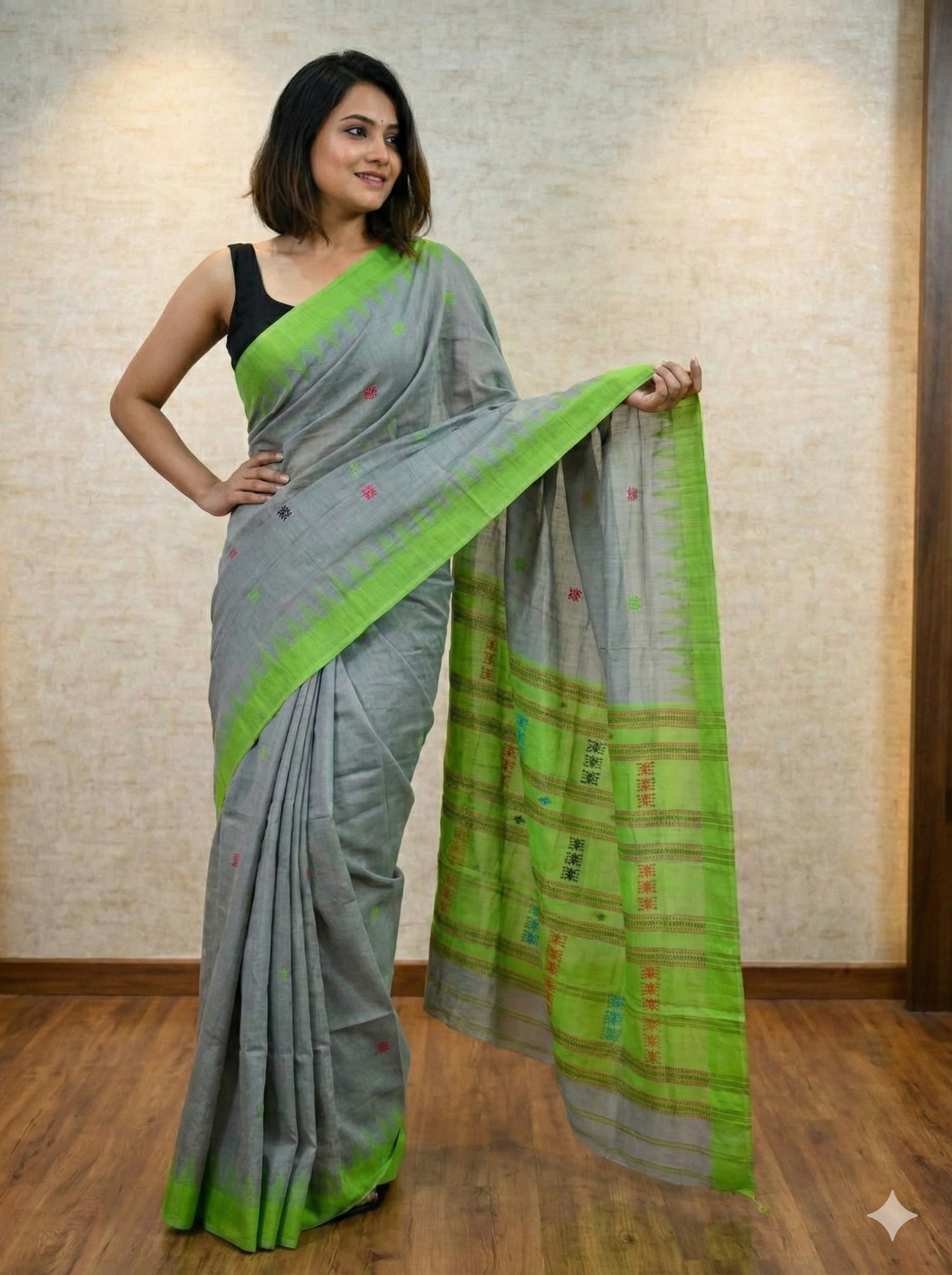 Exclusive Sambalpuri Fudakumbha Cotton Saree | Tribal Kotpad & Habaspuri Fusion Design | Grey & Lime Green Handloom