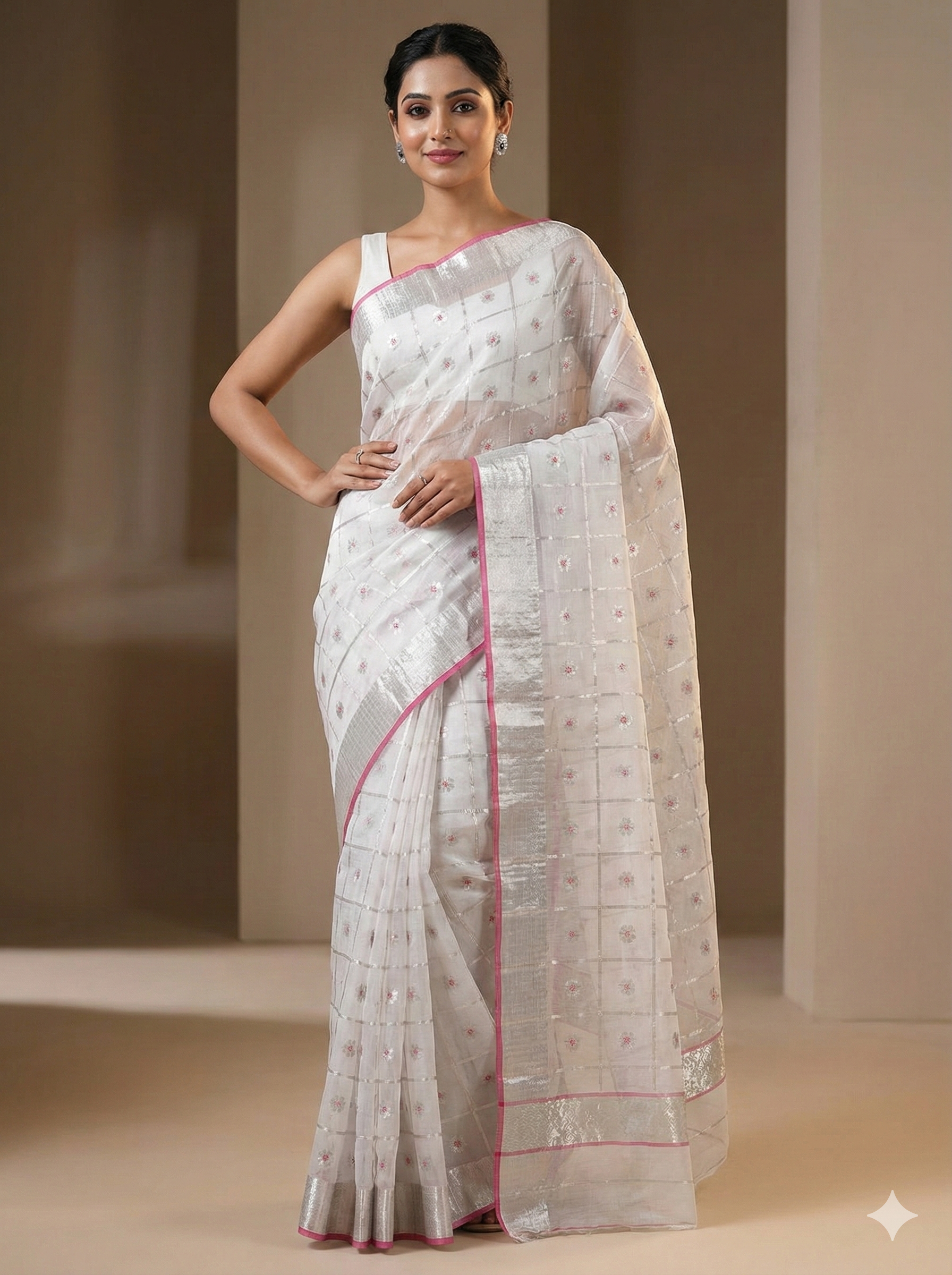 Premium unique white Organza Katan Silk Chanderi Saree with Silver Zari Checks & Floral Buttas| SUTA‑SAGA