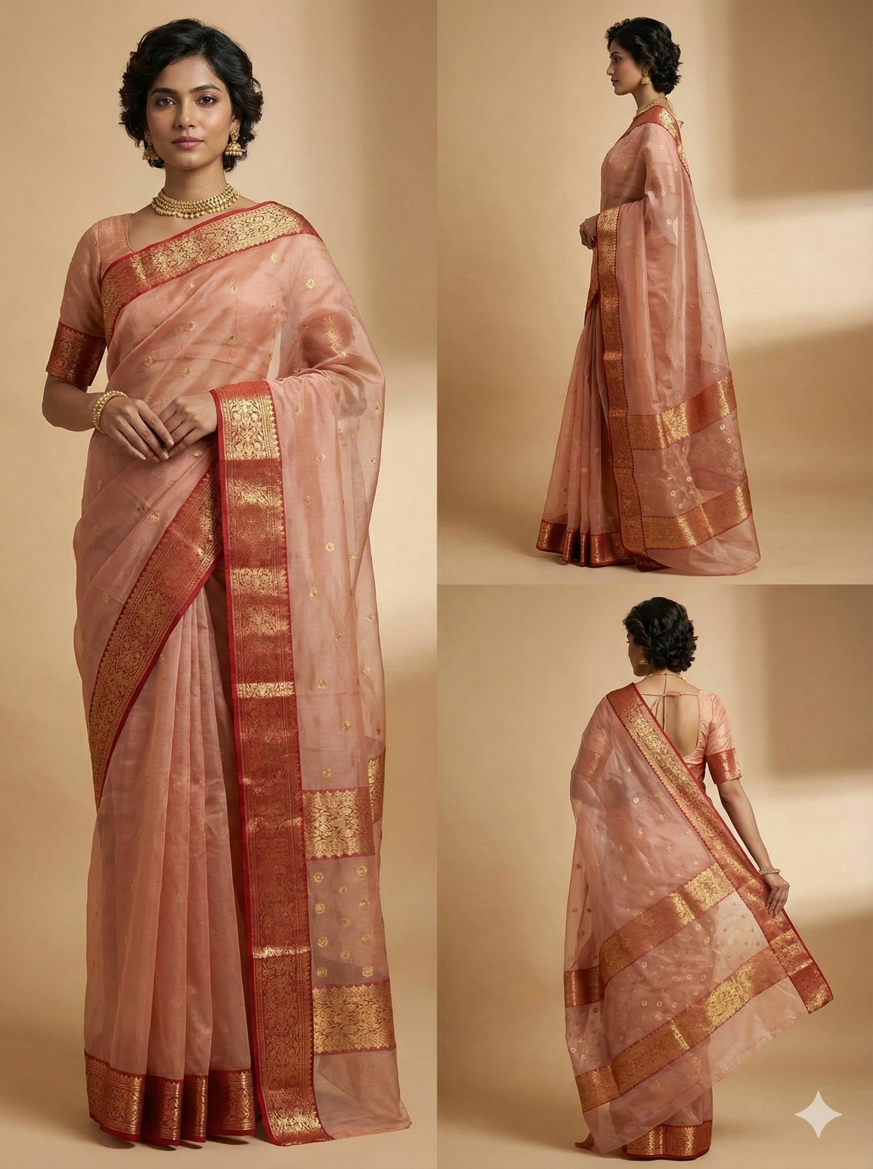Elegant Peach Sheer Chanderi Katan Silk Saree with Rich Red and Gold Zari Border