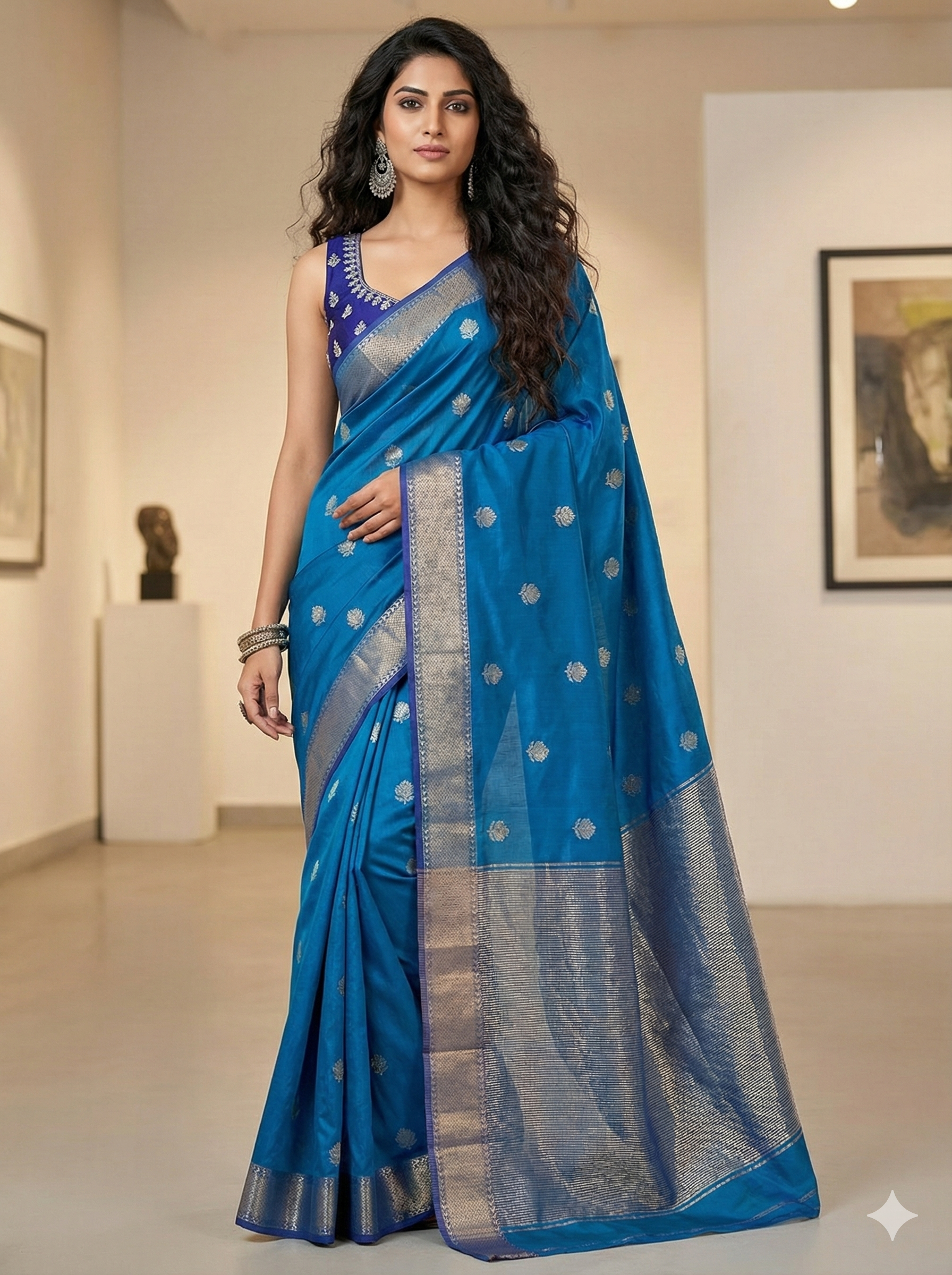 Handloom Exquisite light Blue Silk-Blend Maheshwari Silk Cotton Saree with Rich Golden Zari Work