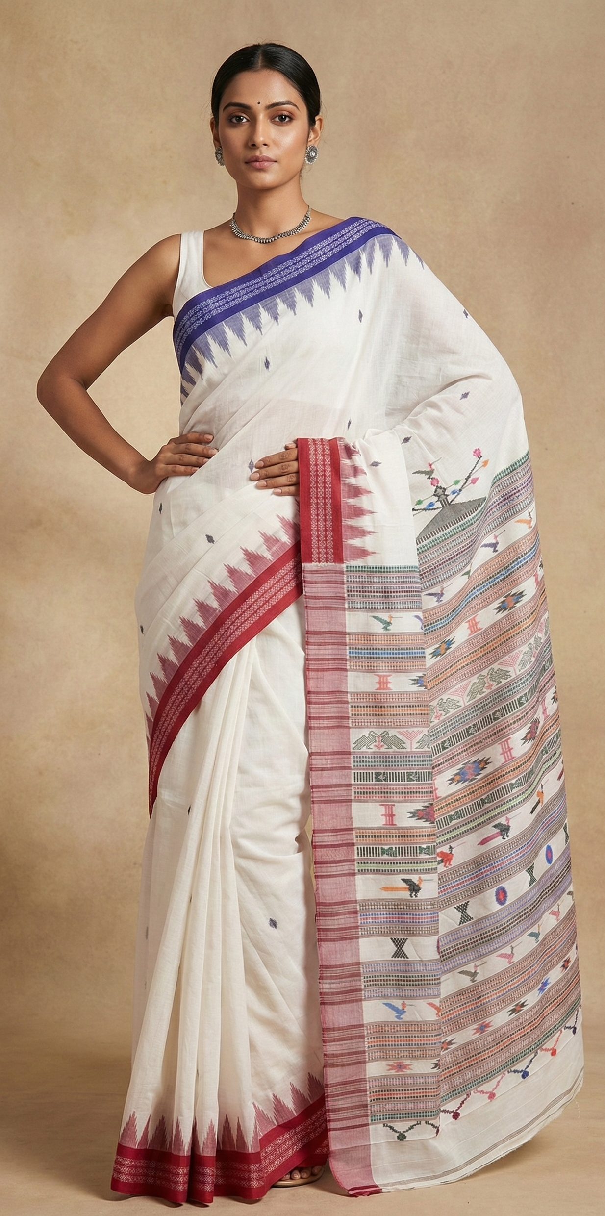 Ganjam Bomkai Cotton Saree - White Double Border & Polka Dots | Odisha Handloom Saree