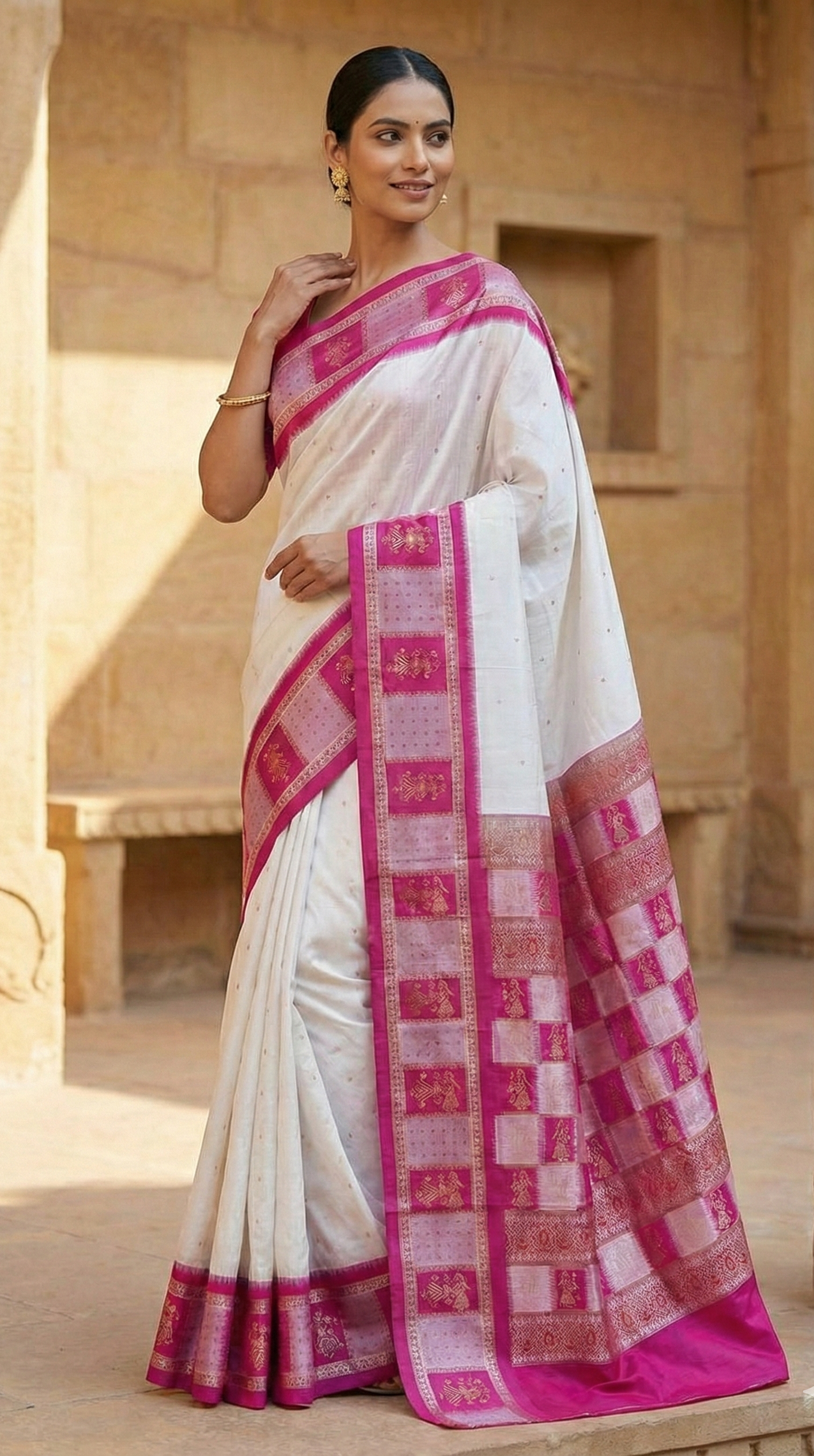 Exquisite White & Rani Pink Doll Border Bomkai Silk Saree - Handwoven Odisha Handloom